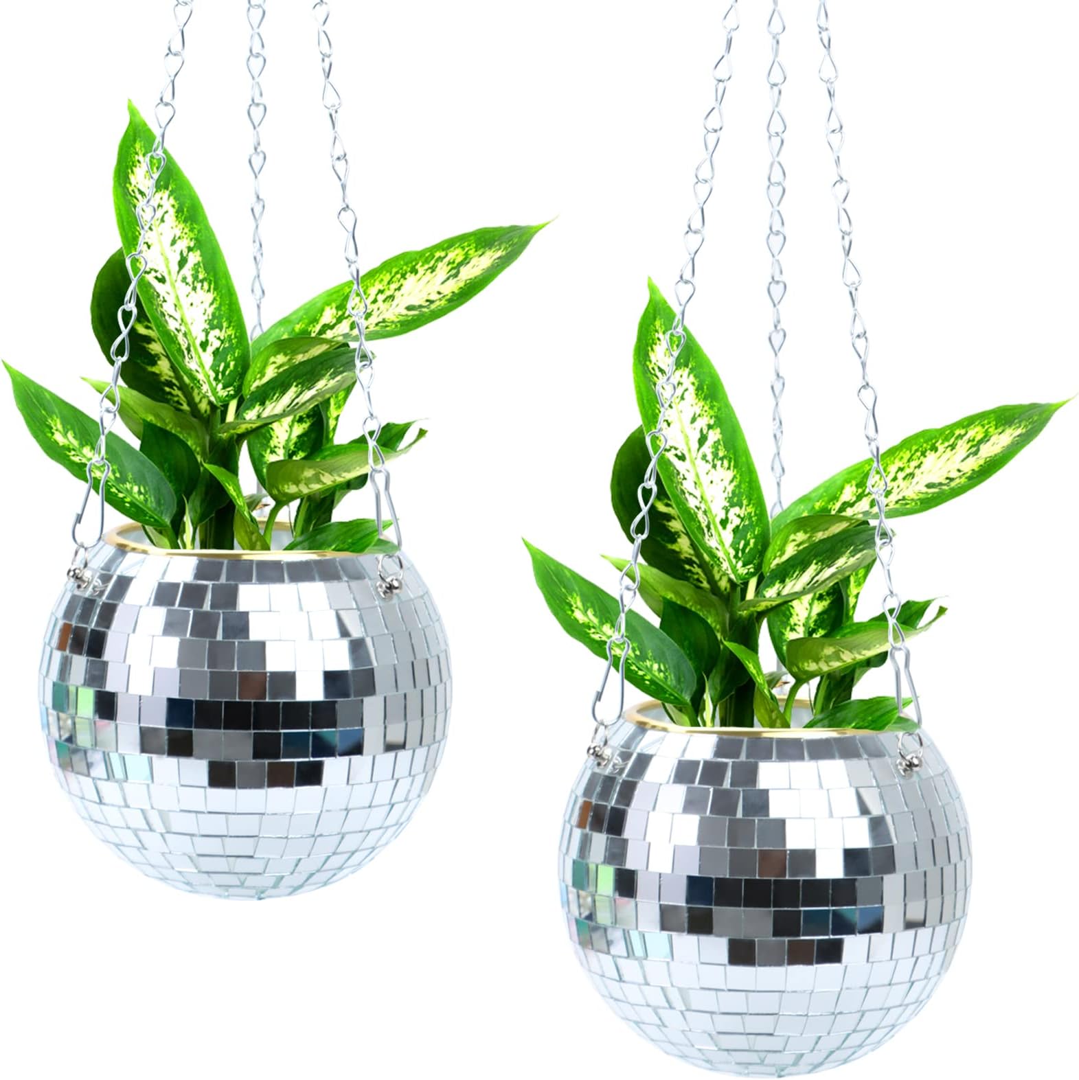 2 Pcs Disco Ball Planter Plant Hanger with Hook and Wooden Stand for Desk,Hanging Disco Ball Planter with Chain Mirror Disco Plant Holder Plant Pot Hanging Flower Pot Gardening Pots for Home Decor,4"