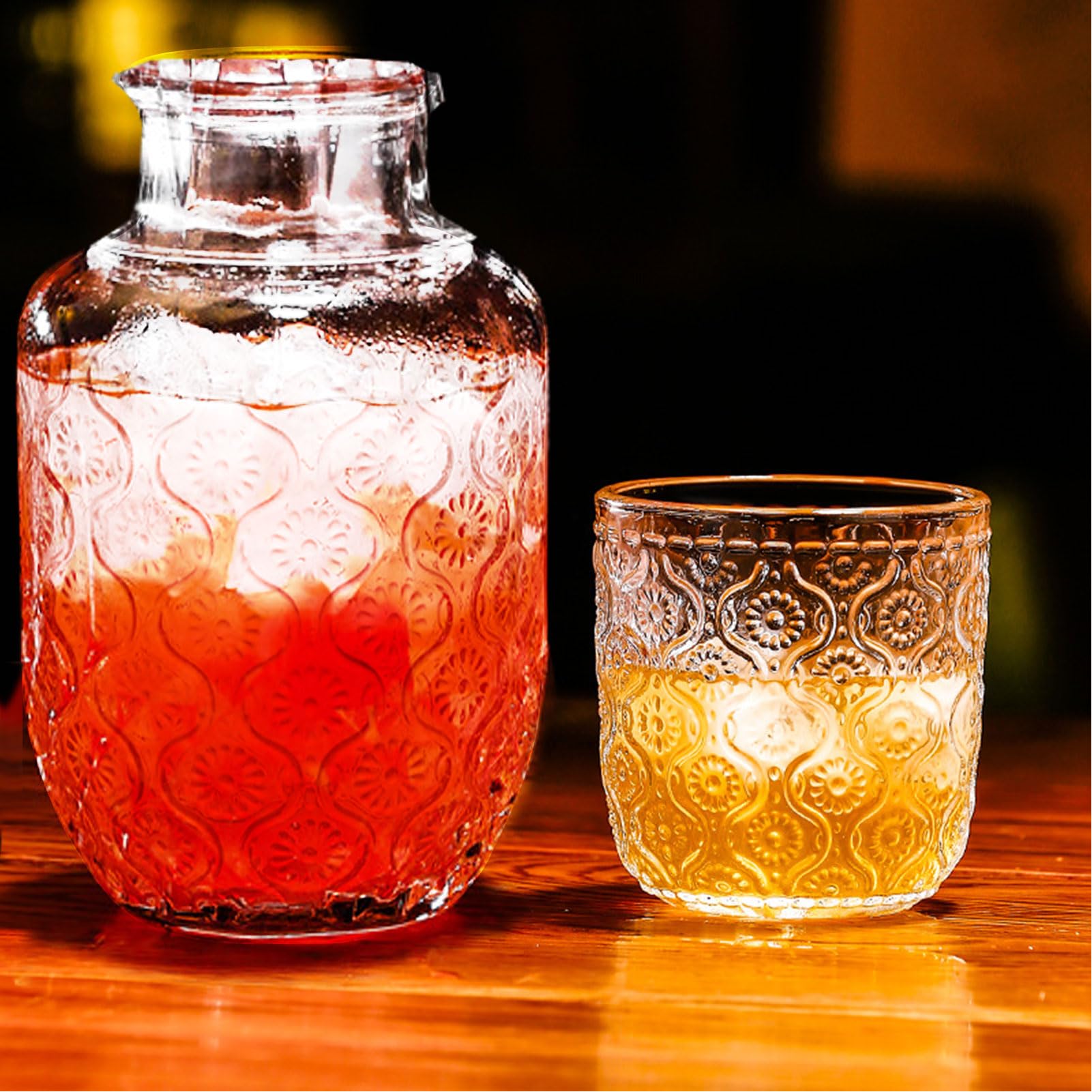 Bedside Water Carafe Set, Crystal Glass Pitcher and Drinking Cup Lid Bathroom Mouthwash Carafe for Guest Room,Bedroom,Night Drinking,Gift (Transparent)