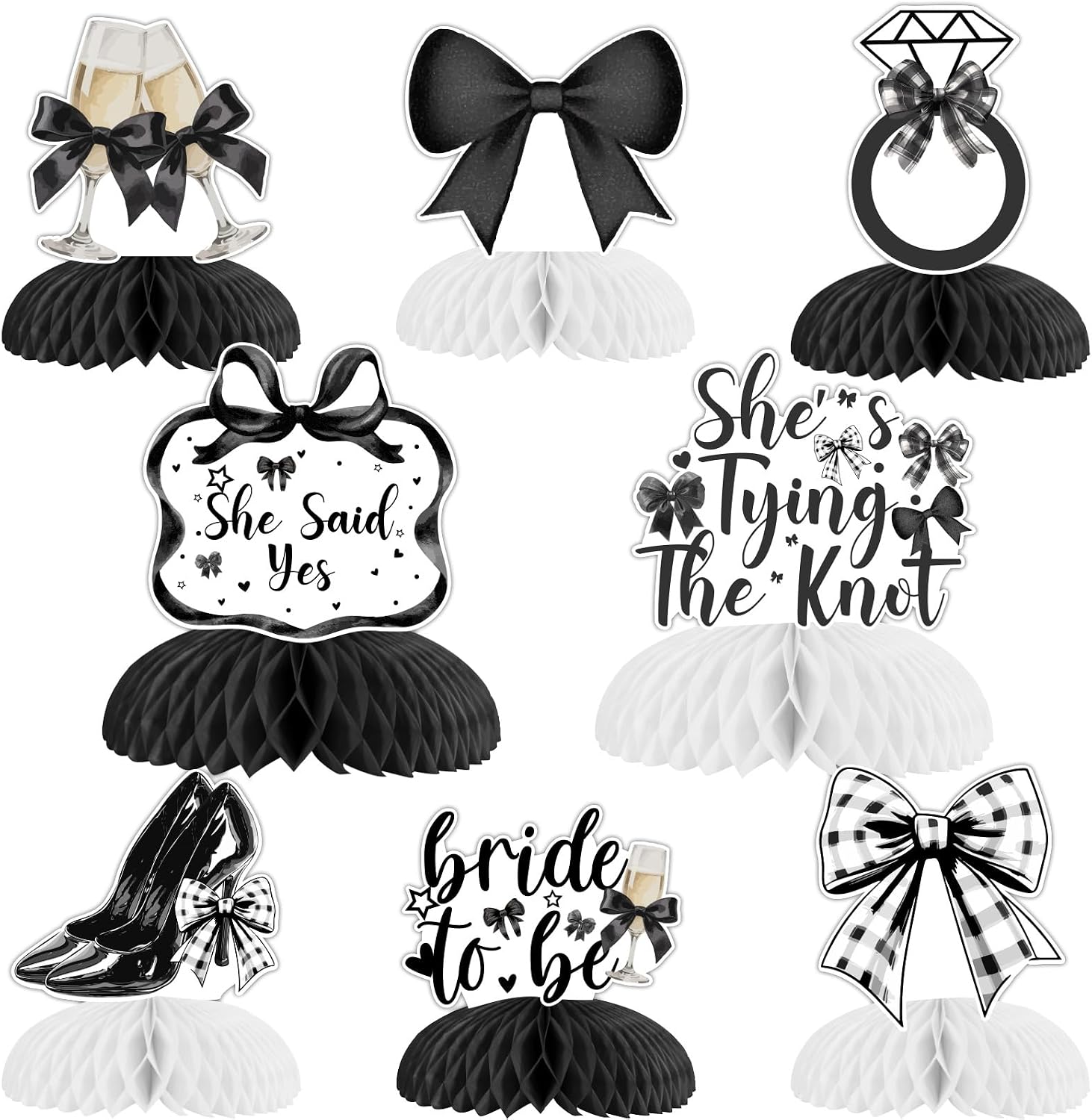 Black Bow Bridal Shower Decorations 8Pcs Black Bow Honeycomb Centerpieces Bowknot Table Decoration She's Tying The Knot Bridal Shower Bowknot Birthday Table Centerpieces for Bachelorette