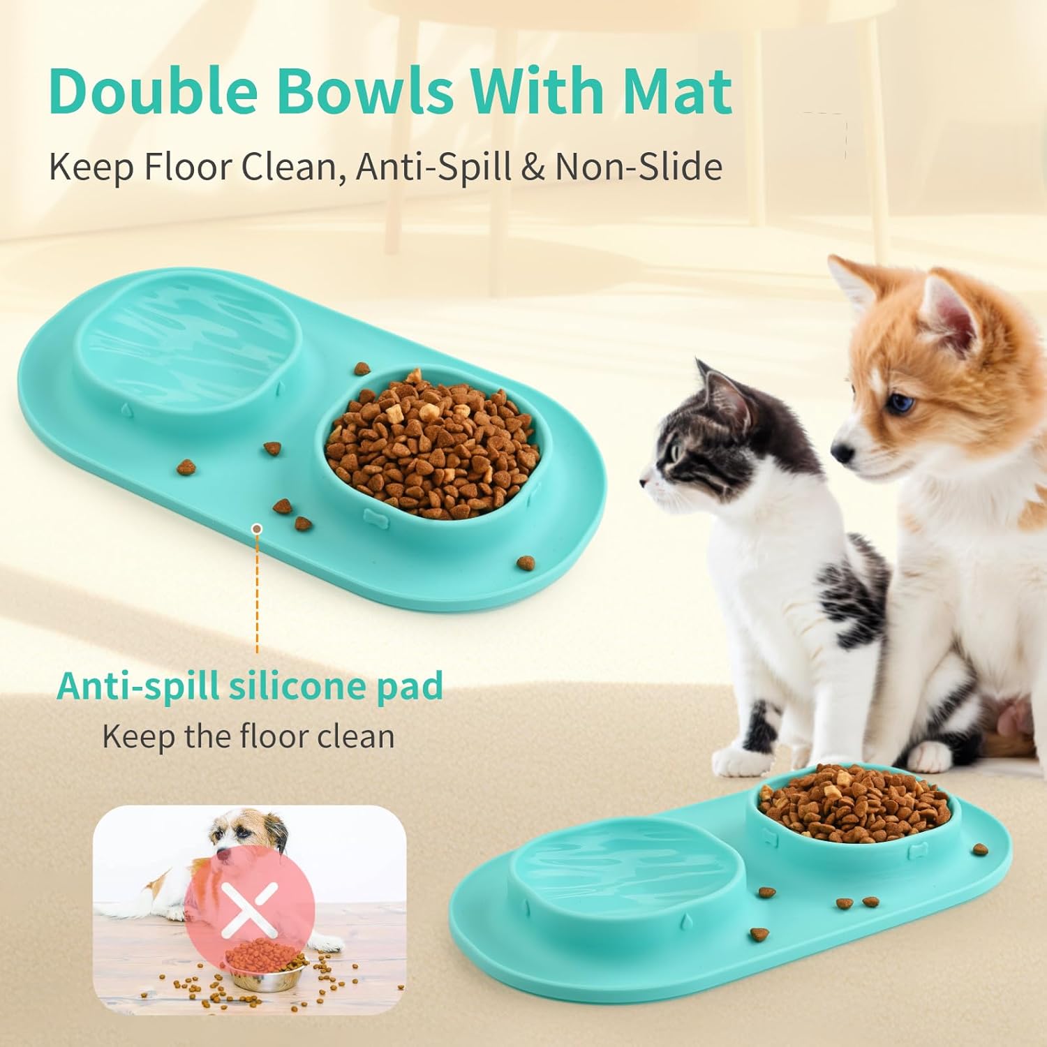 小型子犬用ボウル:小型犬用フード&amp;ウォーターボウルセット、こぼれ防止犬用皿、ブルー