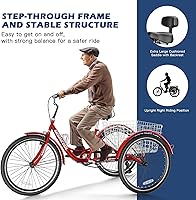 Vista 4 de Triciclos para adultos de 7 velocidades, bicicletas de 3 ruedas de 24/26 pulgadas, bicicletas de tres ruedas de crucero con canasta grande