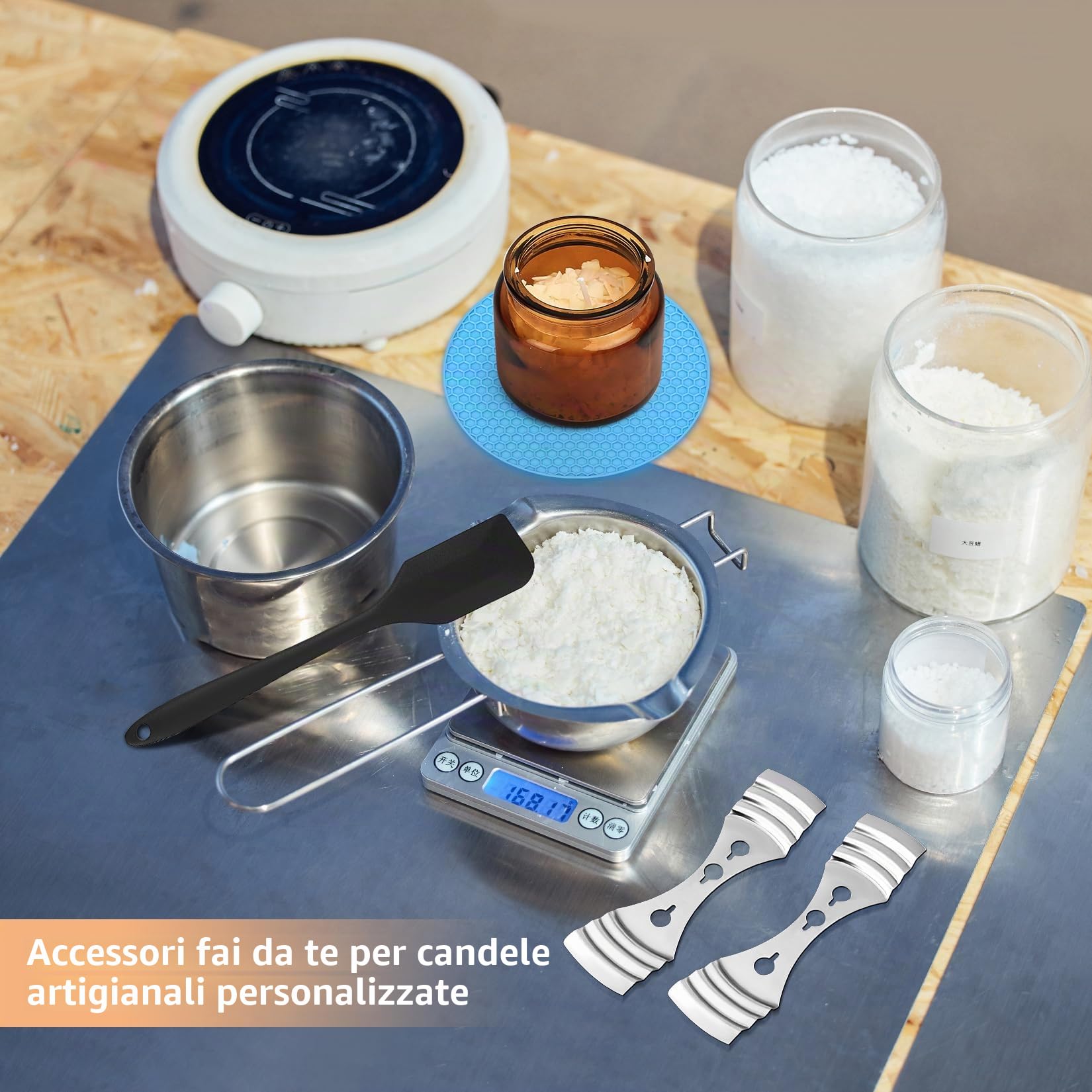 NPFVKSA Kit per la creazione di candele, vaso fuso di cera da 480 ml, 120 stoppini per candele, 3 set di vasi di cera, 120 adesivi per stoppini per candele, kit per la creazione di candele per adulti