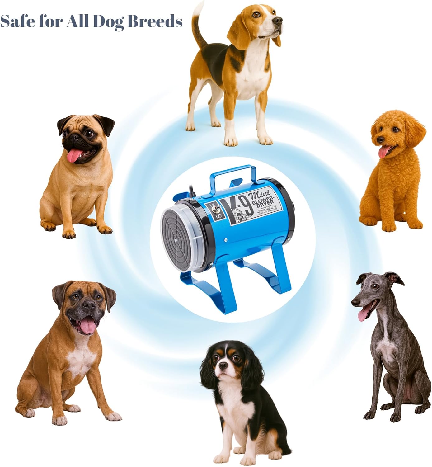 Electric Cleaner Company ECC Mini K-9 High-Velocity Dog Dryer – Portable Pet Blow Dryer with 2 Speeds, 10' Hose & Tips, Metallic Blue