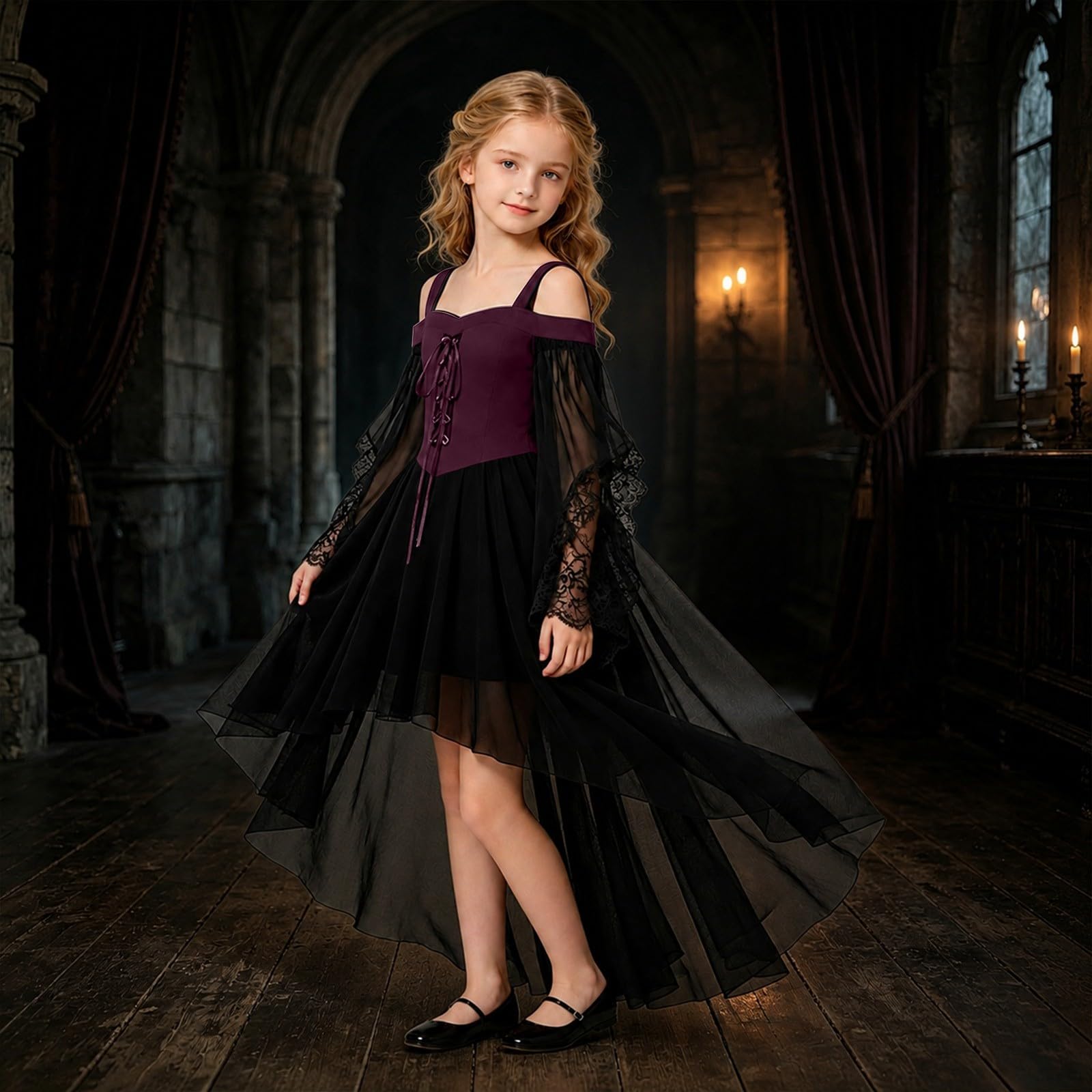 Vokuhila - Vestito medievale per Halloween, per bambine, gotico, cosplay | Vestito da principessa per bambini, a maniche lunghe, con spalle scoperte, in pizzo, stile vittoriano, vampiro, carnevale