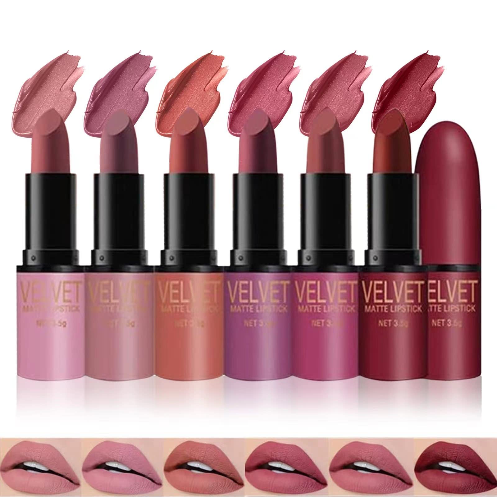 6色マットリップスティックセット、ベルベットヌードモイスチャライザースムースリップスティックキット、ノンスティックカップフェードしない長持ちする防水リップスティックメイクアップセット