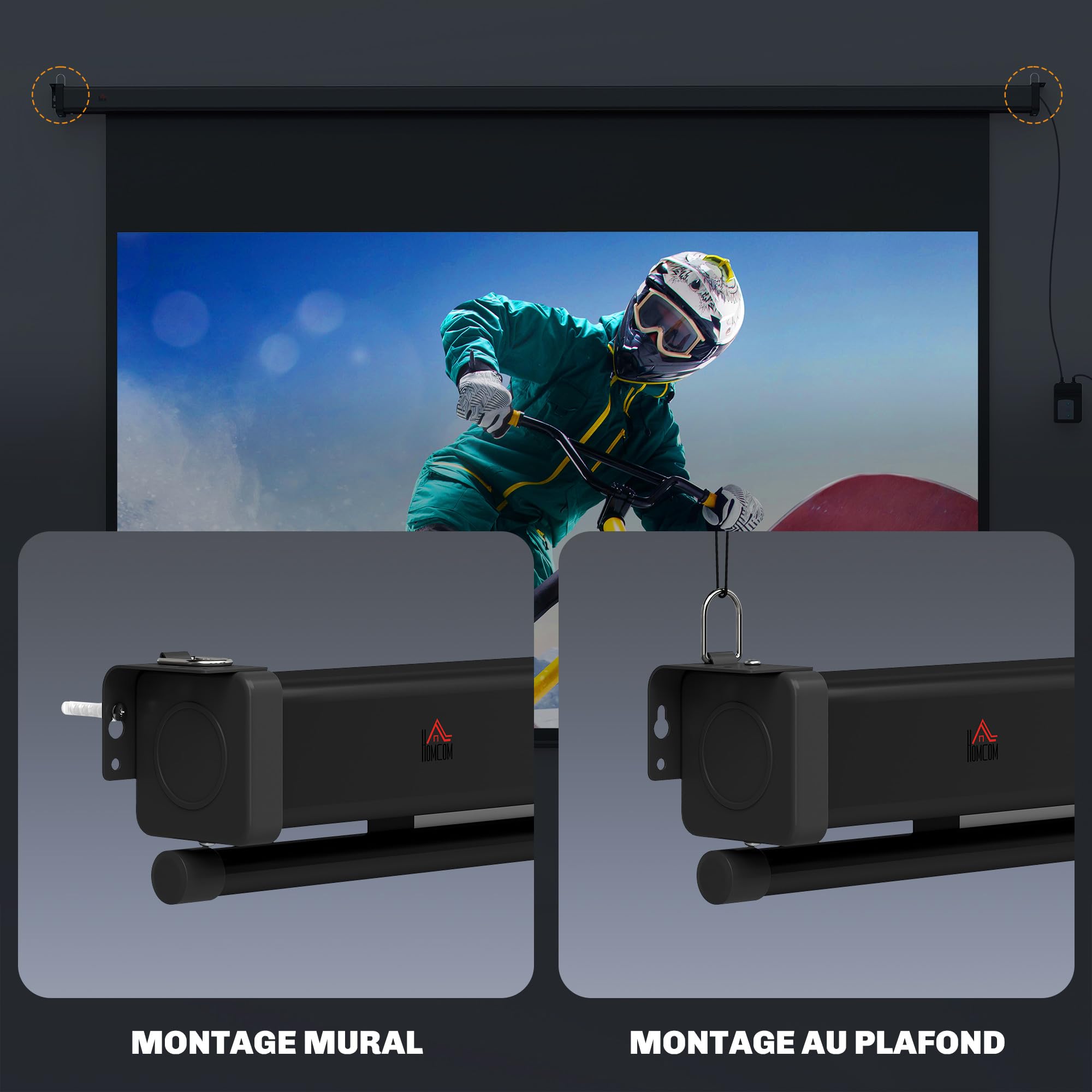 HOMCOM Schermo proiettore da 100 pollici, 16:9 4K HD schermo di Proiezione motorizzato ed elettrico, schermo di Proiezione TV e Home theatre, Montaggio a Parete o Soffitto, Pannello di Controllo e