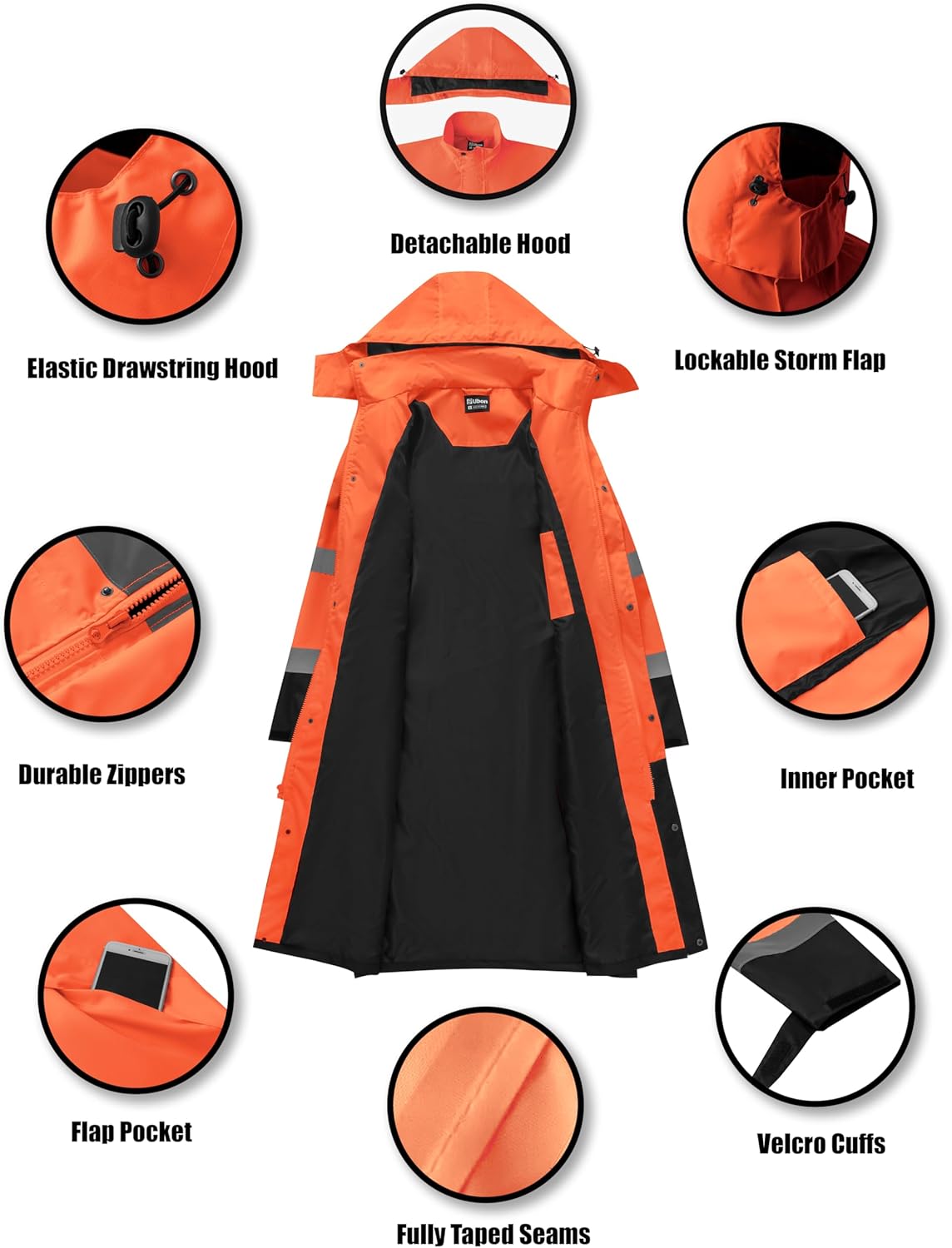 Ubon Men's Hi Vis Long Raincoat Waterproof Reflective Safety Rain Jacket High Visibility with Detachable Hood - Image 5