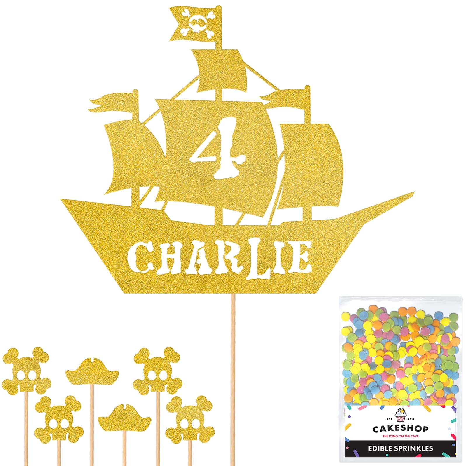 Personalised Birthday Pirate Ship Glitter Cake Topper- Gold Any Custom Age & Name Glitter Cake Decoration and Sprinkles - Happy Birthday Decorations - Personalised Toppers for Cakes by Cakeshop