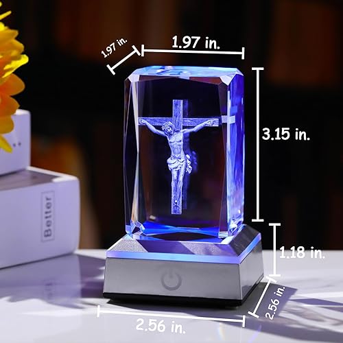 Miniatura 2 de YWHL Figura de cruz de Jesús 3D con base de luz colorida, crucifijo grabado con láser, regalo religioso para mujeres amigas, decoración de cruz