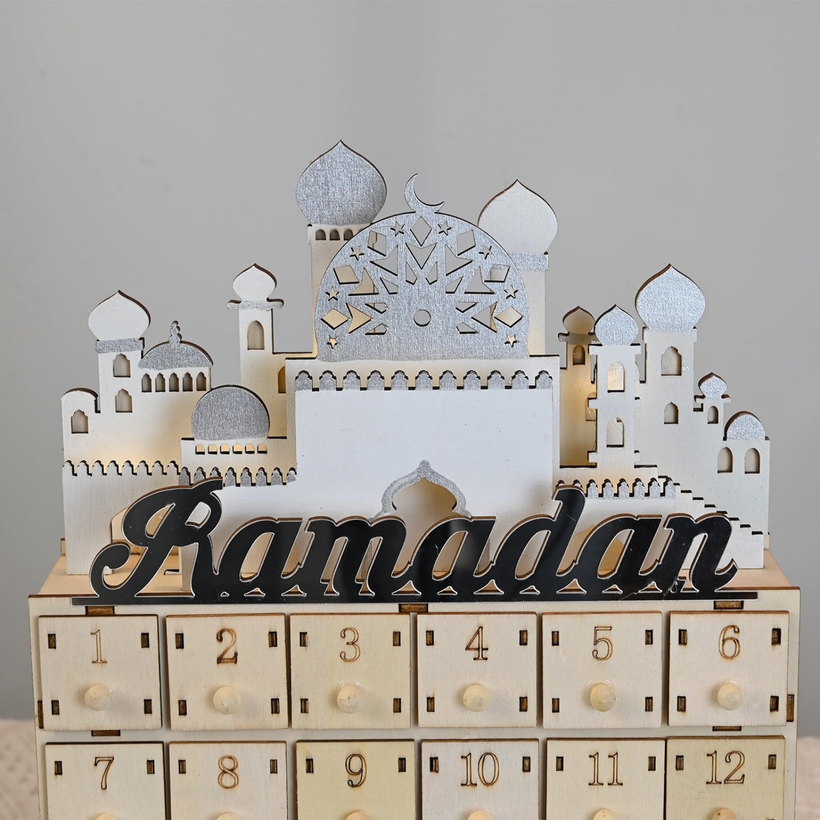 Eid Ramadans - Calendario de cuenta regresiva con luz LED y cajones de 30 días, decoración de Adviento de madera para celebración islámica del hogar