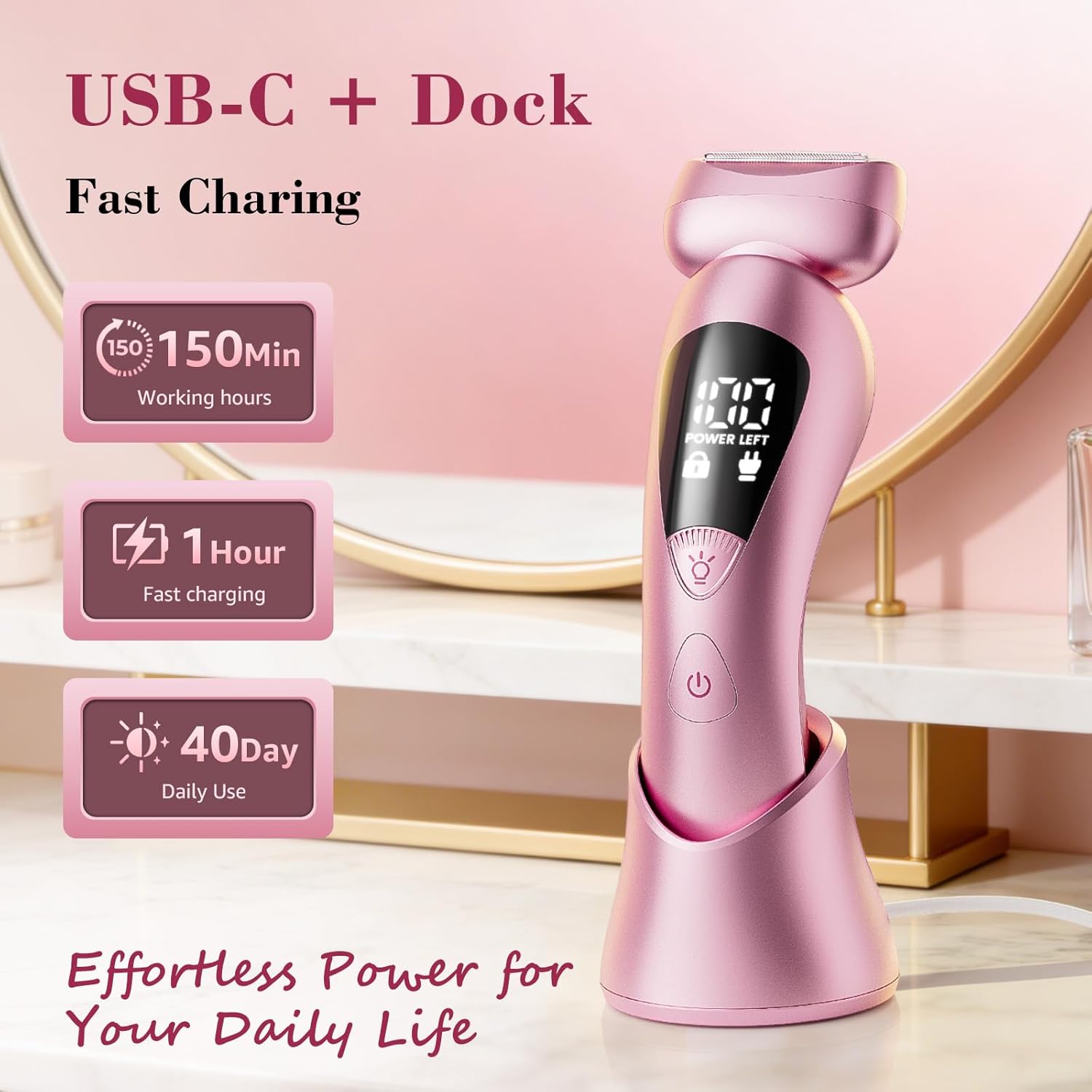 Cordless Electric Razors for Women: Rechargeable Painless Bikini Trimmer for Body Hair - IPX7 Waterproof Shaver with LED Display for Face/Underarm/Leg Blush Pink - Image 5