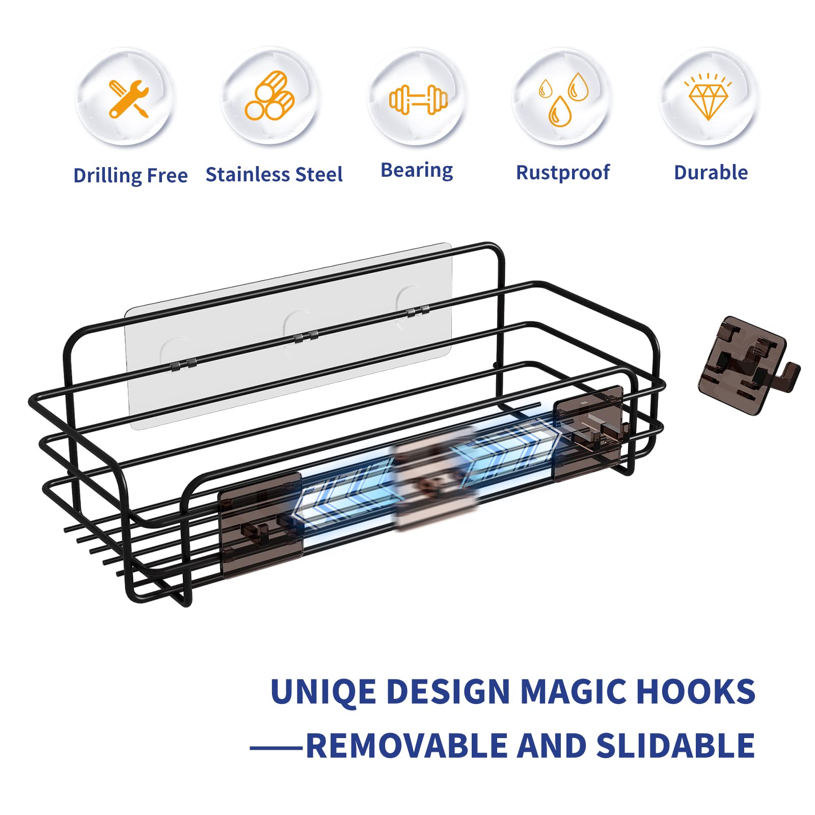 2-Pack Adhesive Shower Caddy With 4 Magic Hooks and 1 Pack Soap Dishes, No Drilling Rustproof Stainless Steel Eaeregs Shower Organizer for Inside Shower & Kitchen Storage(Matte Black Round wire style)