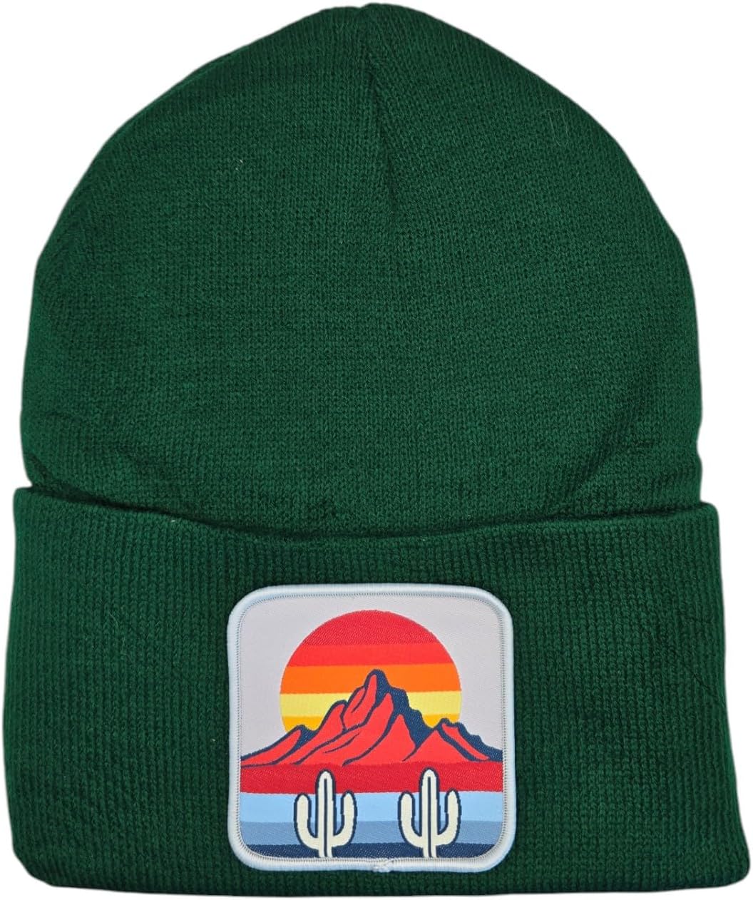 Retro Desert Sunset Beanie - Black Woven Patch Knit Cap - Warm Winter Southwest Hiking Gift | Unisex Vintage Cactus Hat