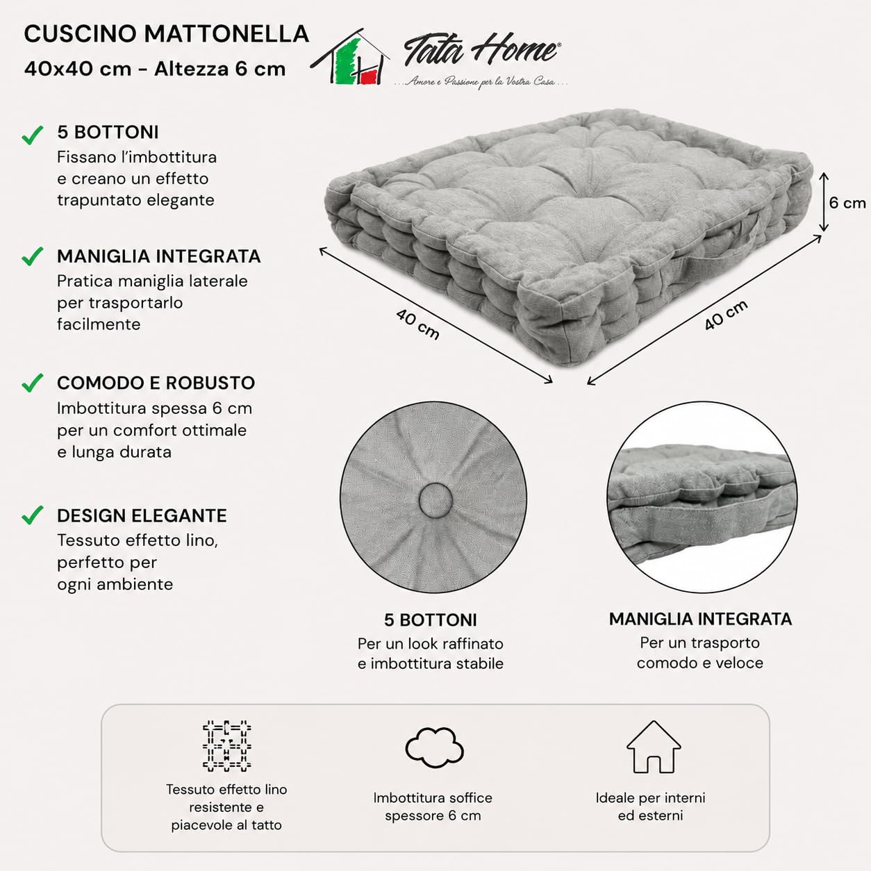 Tata Home Set 4 Cuscini per Sedie da Interno da Esterno Cuscino Mattonella Cucina Cuscino Materasso Giardino 40x40 cm Imbottitura 6 cm Tortora (4 pezzi)