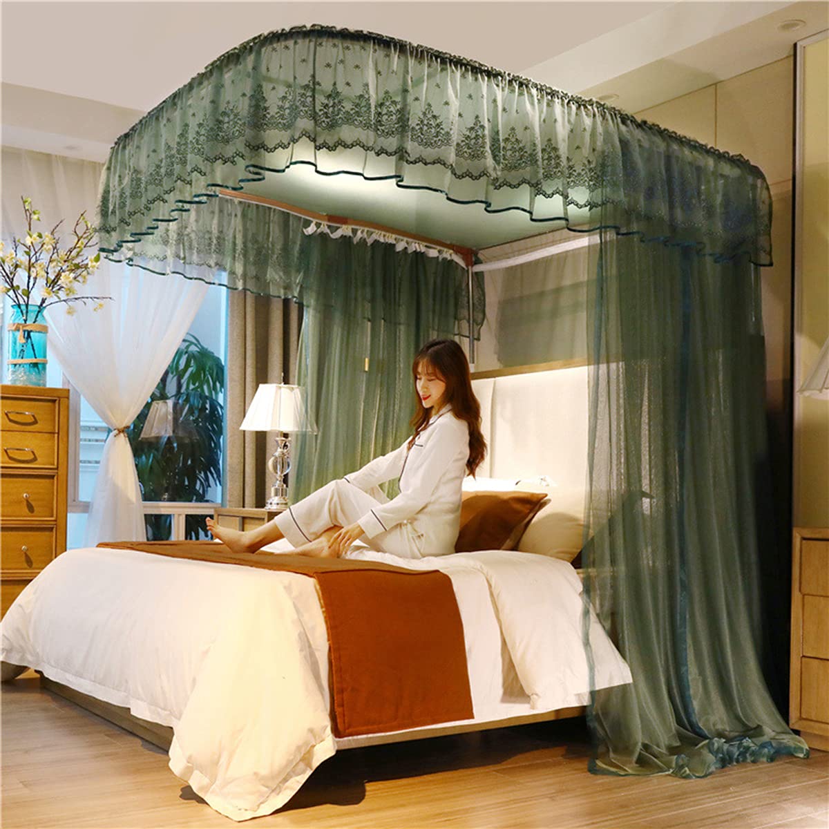Moustiquaire lit double OKUOKA pour chambre romantique auvent vert avec rideaux en U