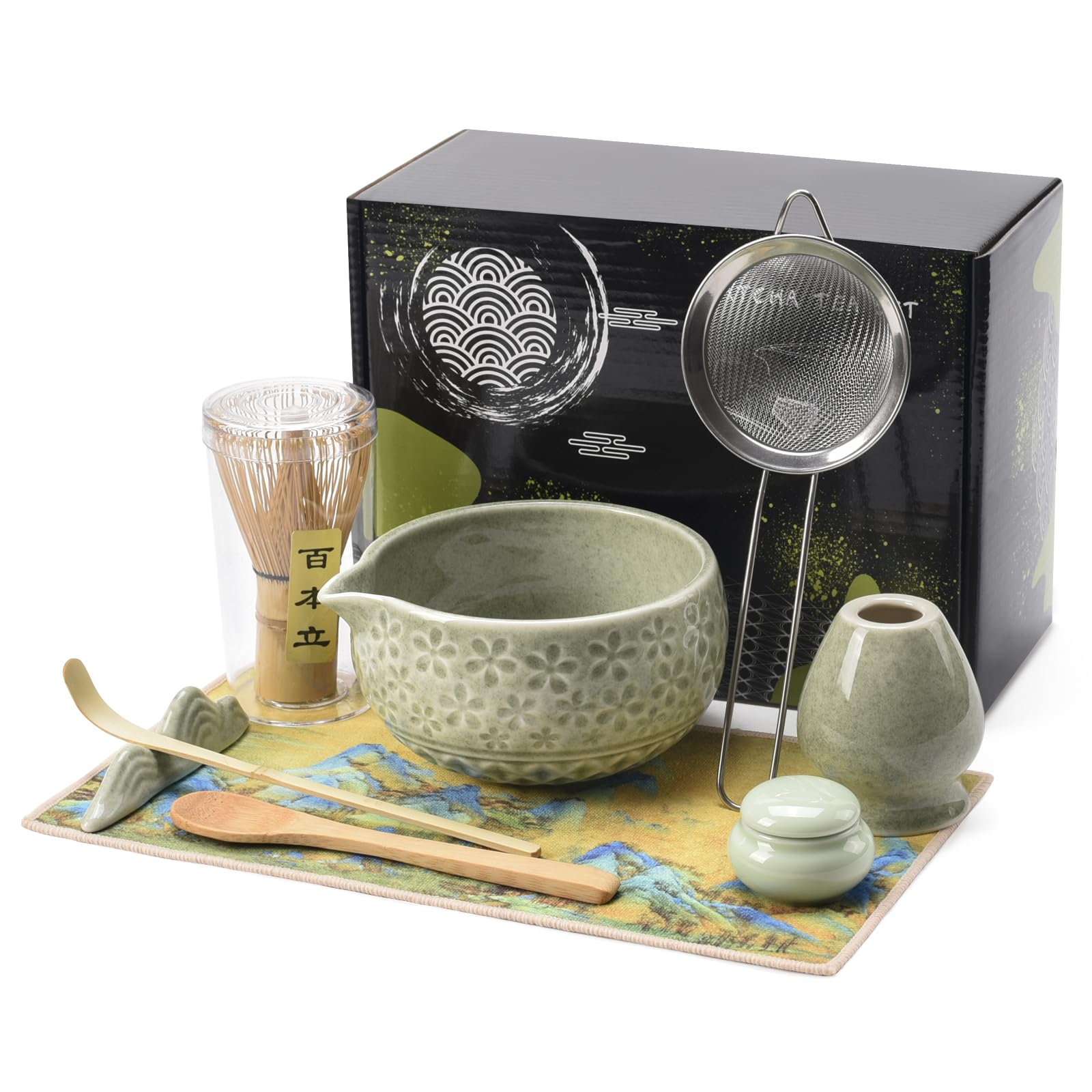 Matcha Kit | Set de Regalo de Ceremonia del Té Matcha 9 Piezas | Cuenco 560ml, Batidor, Cuchara de Bambú, Soporte, Posavasos, Frasco y Colador | Ideal para Principiantes y Entusiastas (Verde)