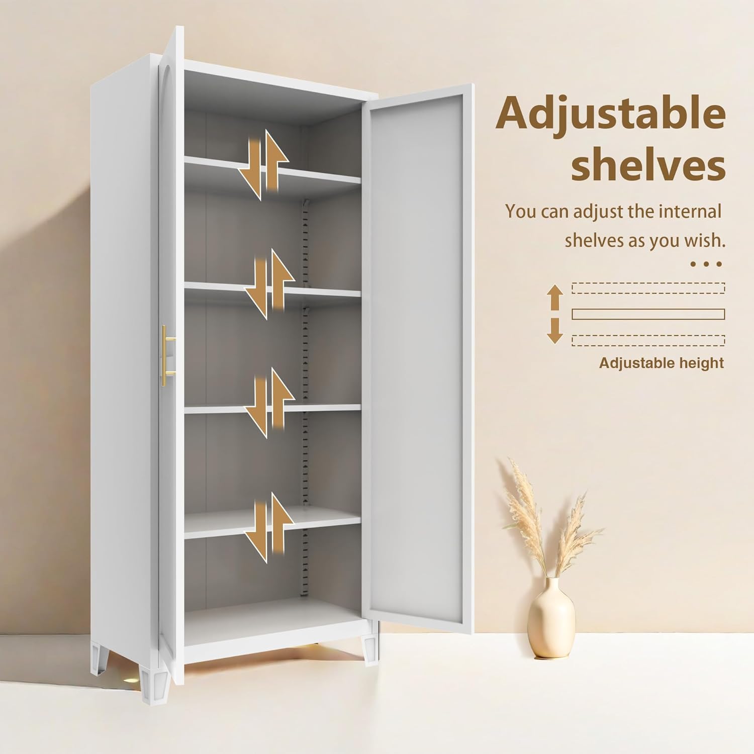 71'' Metal Kitchen Storage Cabinet with Doors and Adjustable Shelves, 5-Tier Tall White Food Metal Pantry Storage Cabinet for Kitchen, DiningLiving and Office