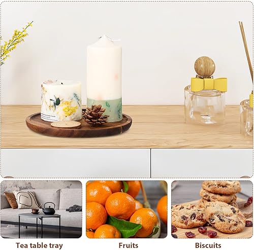 Miniatura 8 de STOBAZA Bandejas decorativas de madera de acacia para mesa auxiliar, juego de 2 bandejas redondas de madera para centro de mesa, bandeja para velas,