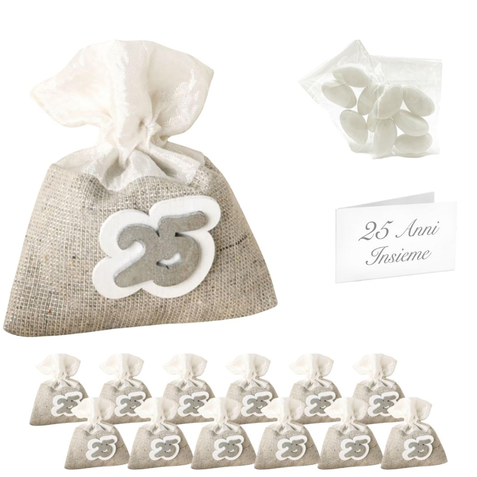 Sachet de dragées mariage en jute gris argenté avec carte marque-place | 12 pcs