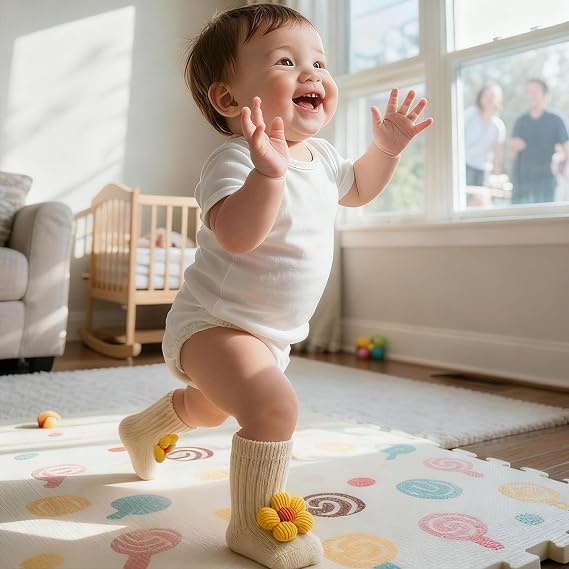 Baby Girl Socks Cute Flower Non-Slip Baby Socks with Grips Crew Sock for Newborn Babies Girls Infants Toddler