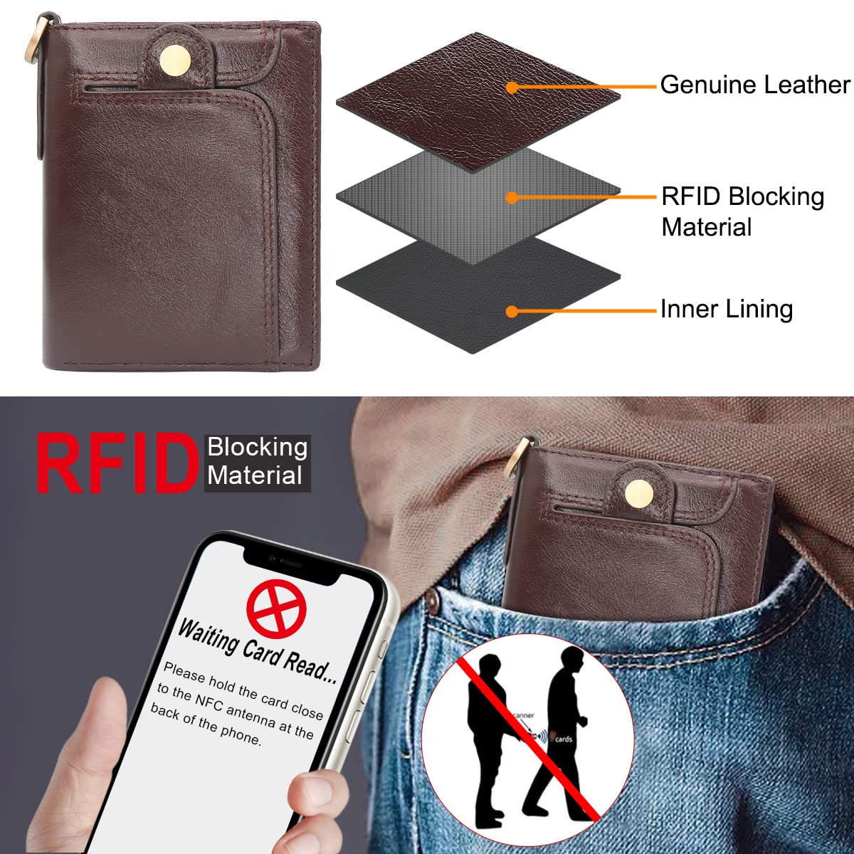 REETEE Portfel męski, ochrona RFID, mały portfel z prawdziwej skóry, portfel męski z łańcuszkiem, z zamkiem błyskawicznym, kieszenią na monety i 14 przegródkami na karty, portfel męski, kawa, 9.5 x