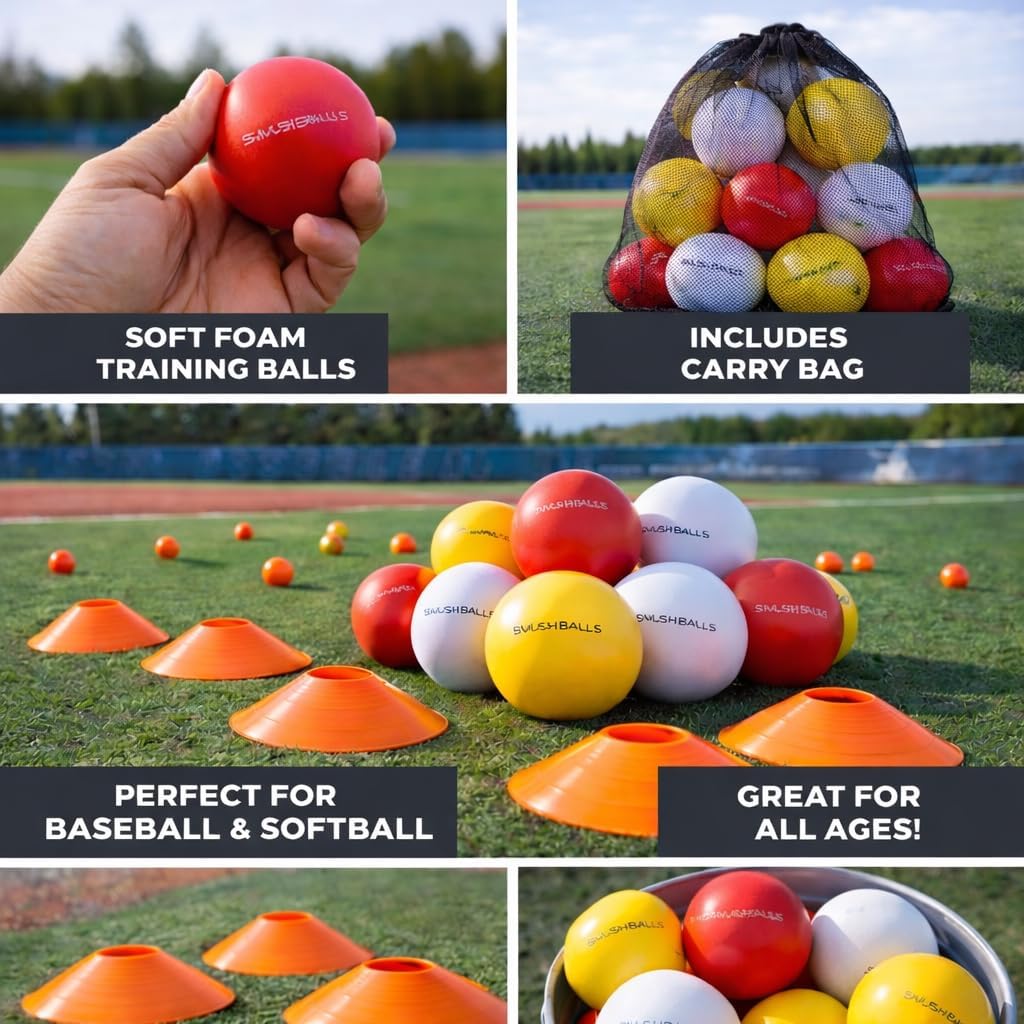 SMUSH BALLS w/ 12 Fielding Agility Domes - Soft Foam Baseballs, Regulation Size Training Ball for Indoor & Outdoor Batting, Throwing & Catching Practice – Safe for Windows, Youth & Adult Players