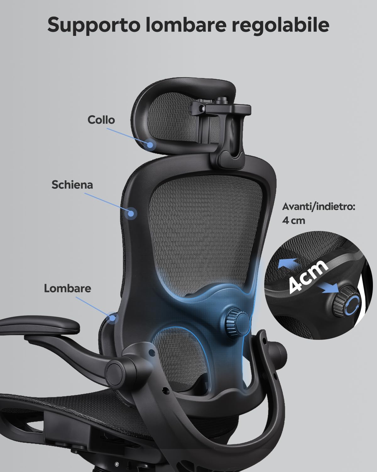 DEVAISE Sedia da Ufficio Ergonomica con Schienale Traspirante a Sezioni, Poggiatesta 3D Regolabile, Braccioli Regolabili, Supporto Lombare, Funzione Dondolo, Sedia Ergonomica per Home Office, Nero