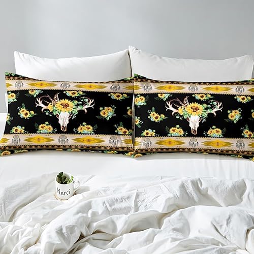 Miniatura 4 de Erosebridal Juego de ropa de cama occidental tamaño Queen, funda de edredón de calavera de toro de girasol, funda de edredón de flores bohemias,