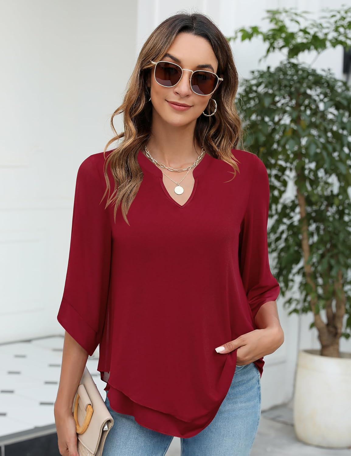 Micoson Womens 3/4 Sleeve Chiffon Blouses V Neck Double Layers Mesh Shirts Flowy Dressy Tunic Tops - Image 2