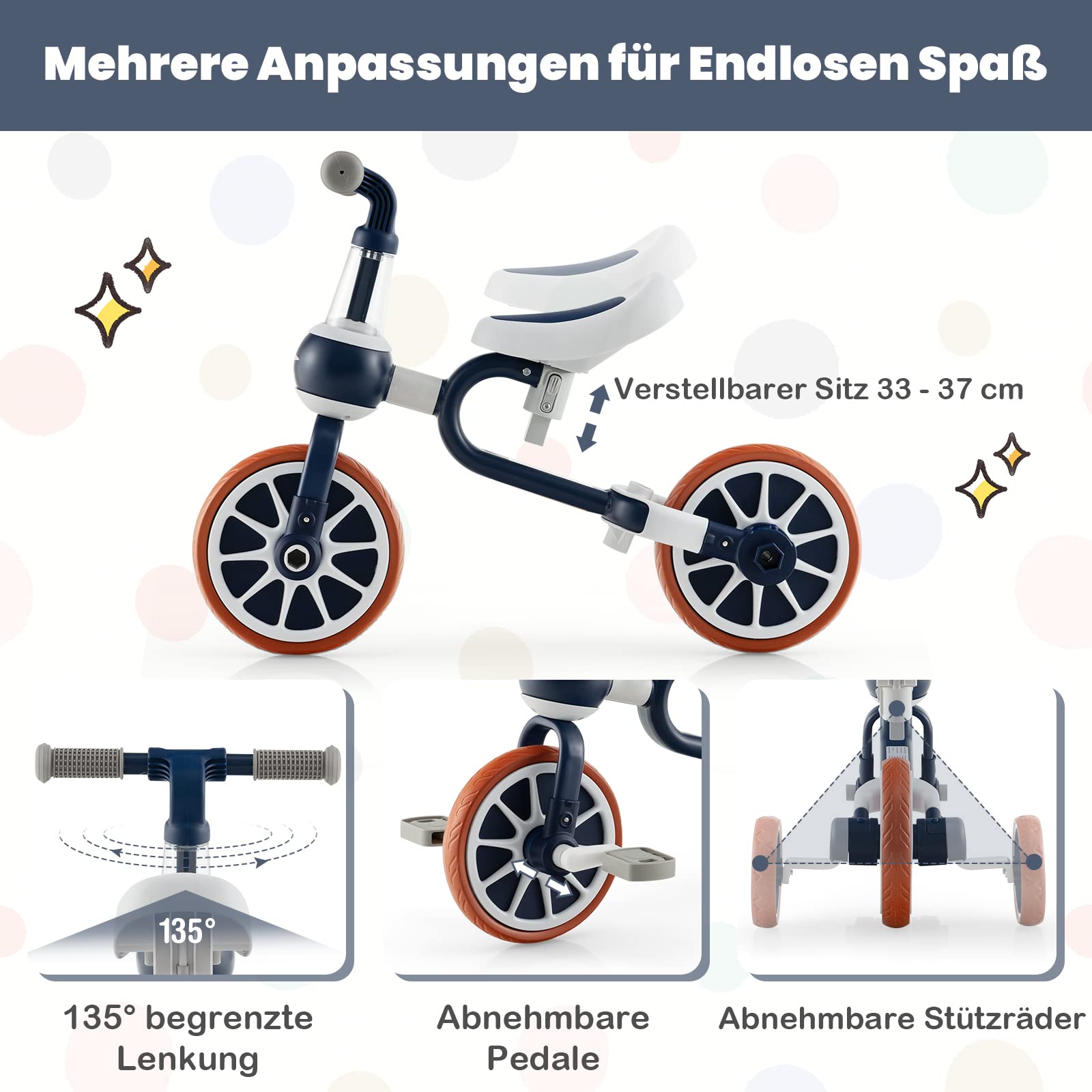 COSTWAY 4 in 1 Kinder Dreirad & Laufrad & Balance Bike & Schiebeauto mit verstellbarem Schiebegriff und abnehmbaren Pedalen,für Kinder ab 1 Jahre