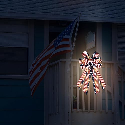 Miniatura 4 de ABTOLS Arcos de corona patrióticos LED grandes para puerta delantera, lazos de rayas rojas azules y blancas para corona, lazos de bandera
