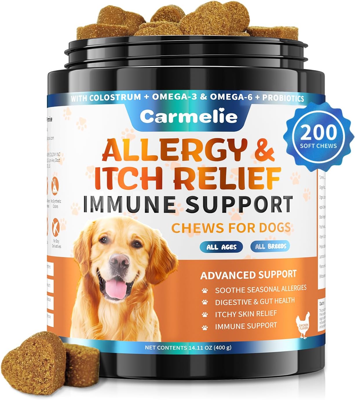 Itchy Dog Skin Relief 200 Chews - Anti Itch Treats for Dogs - Omega 3 Probiotics for Dog - Itchy & Paw Licking Allergy Relief, Seasonal Allergies, Skin & Coat Support (Chicken)