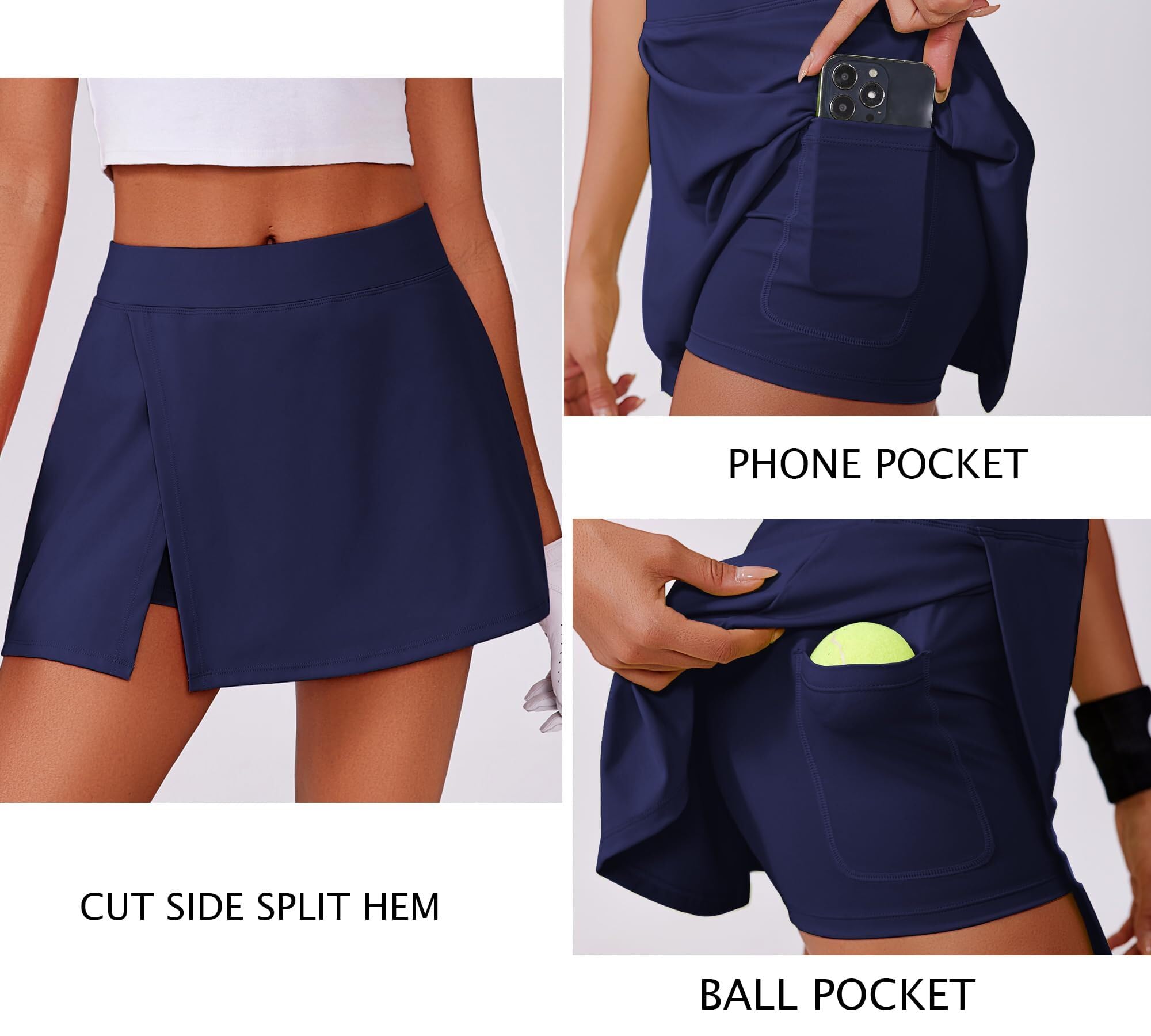 PINSPARK Jupe De Tennis pour Femme avec Pantalon Sport Golf Jupe-Short Taille Haute avec 2 Poches Et Fente LatéRale D'éTé Mini Jupes Course RandonnéE Course à Pied