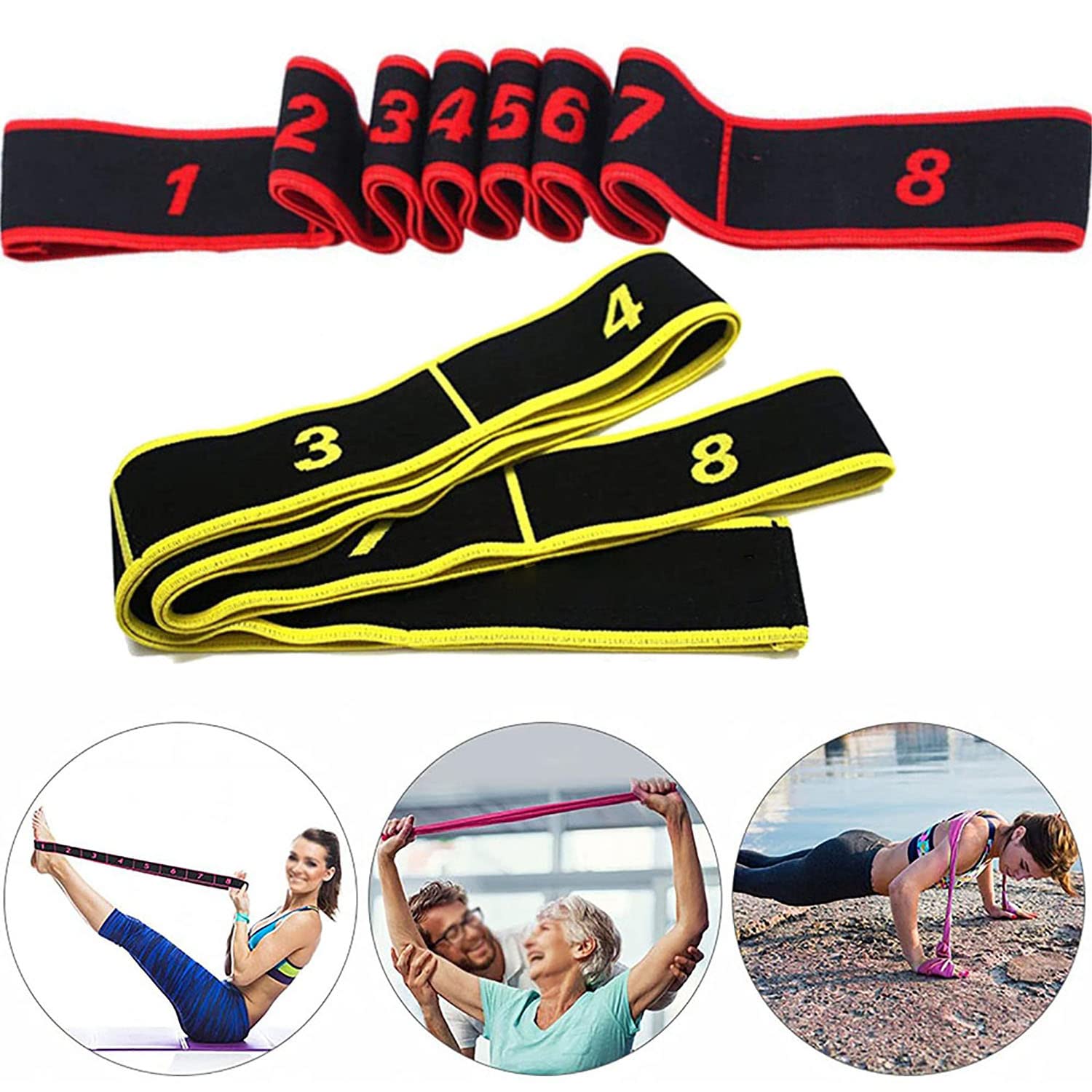 2 Pezzi Fascia Elastica per Yoga, Fasce Elastiche di Resistenza, Bande di Allenamento per Ginnastica, Fascia Esercizio Regolabile con Più Anelli, per Fitness, Danza, Ginnastica (Rosso+Giallo)