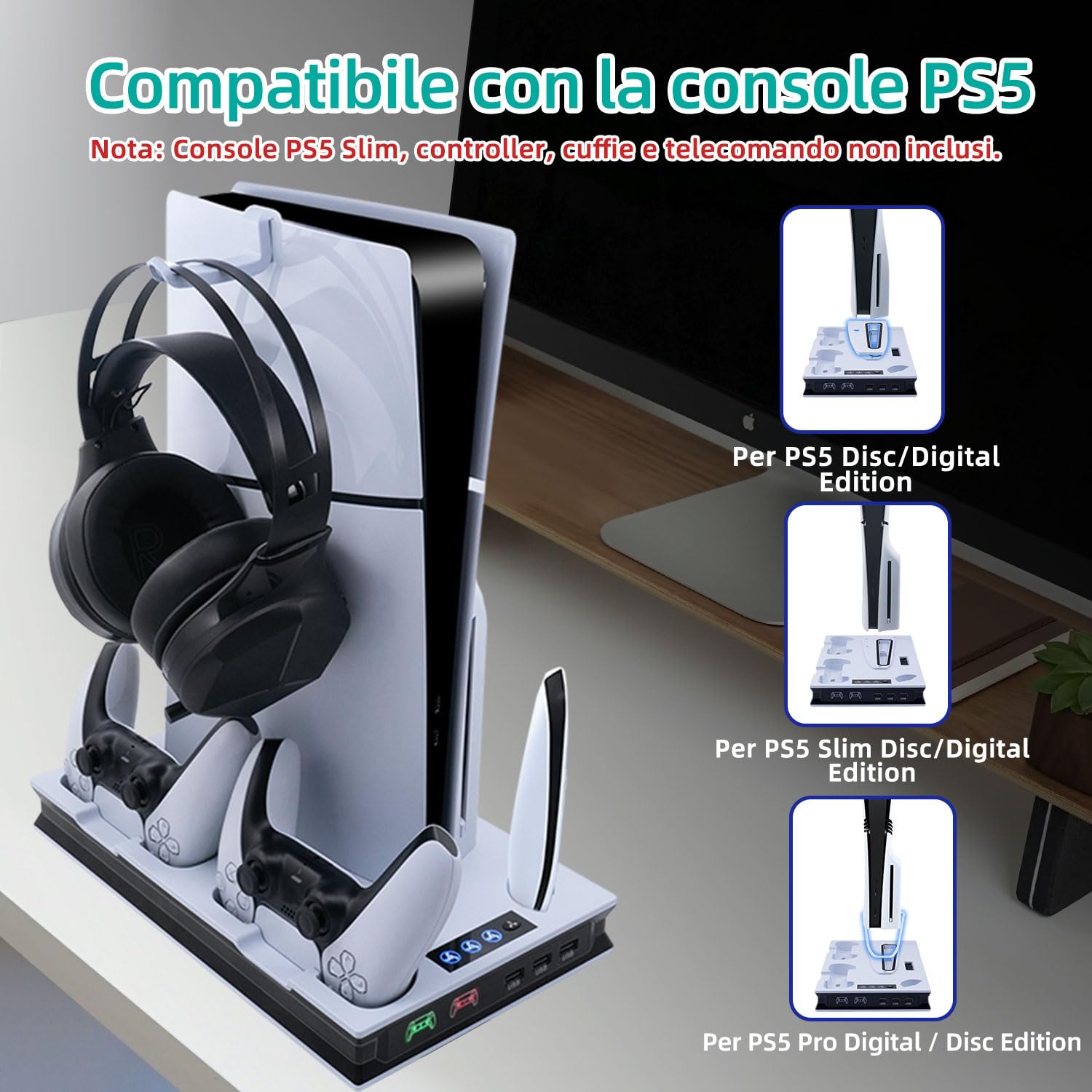 Supporto Verticale di Raffreddamento per PS5/PS5 Pro/PS5 Slim Stazione di Ricarica per Controller Doppi con 3 Livelli di Ventola/Supporto per Cuffie per PS5/PS5 Slim UHD/Digital Edition