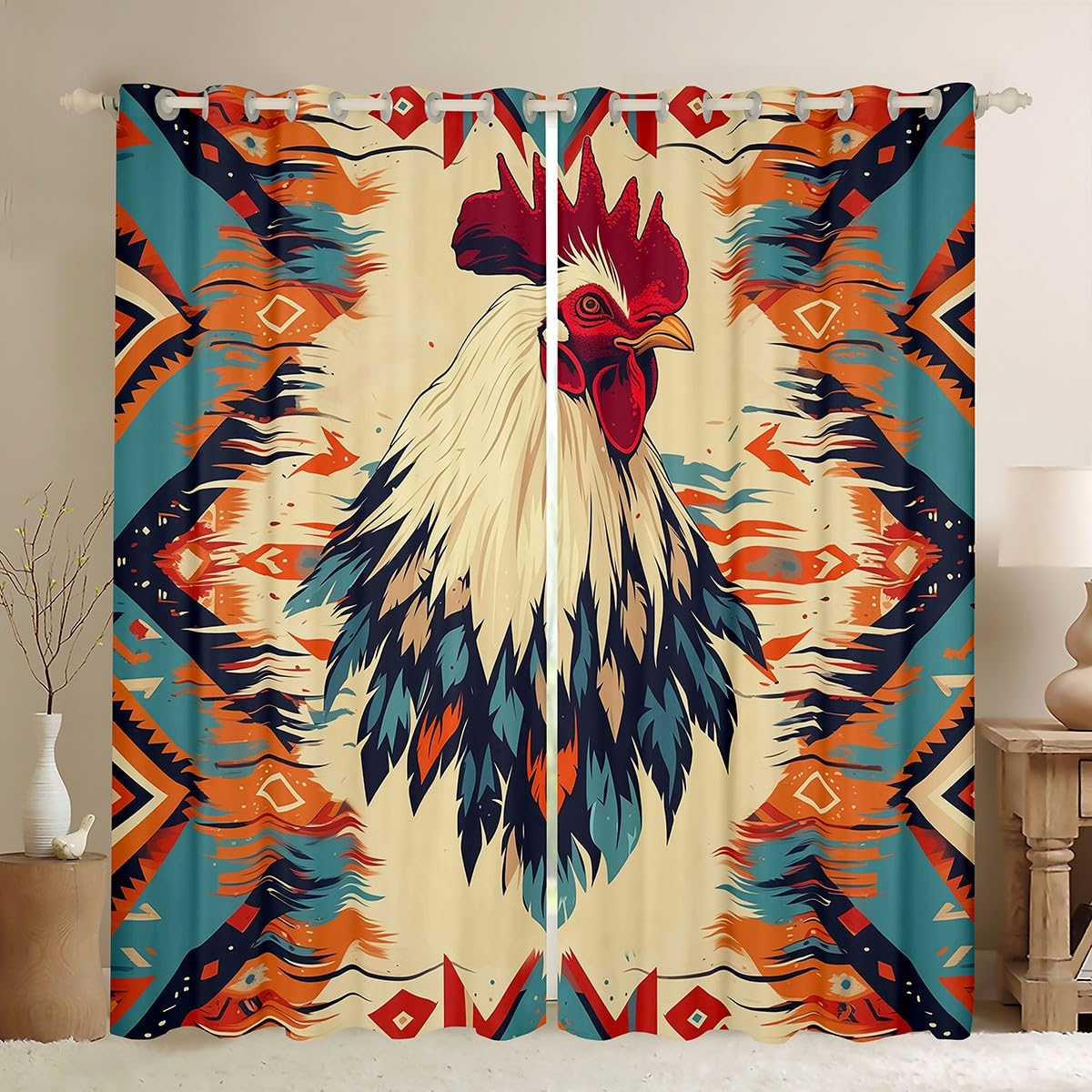 Homemissing Farm Animals Window Drapes Treatments Cock Chicken Curtains for Kids Boys Girls Boho Barn Door Window Drapes Antlers Orange Teal Window Treatments, W52*L63,2 Panels