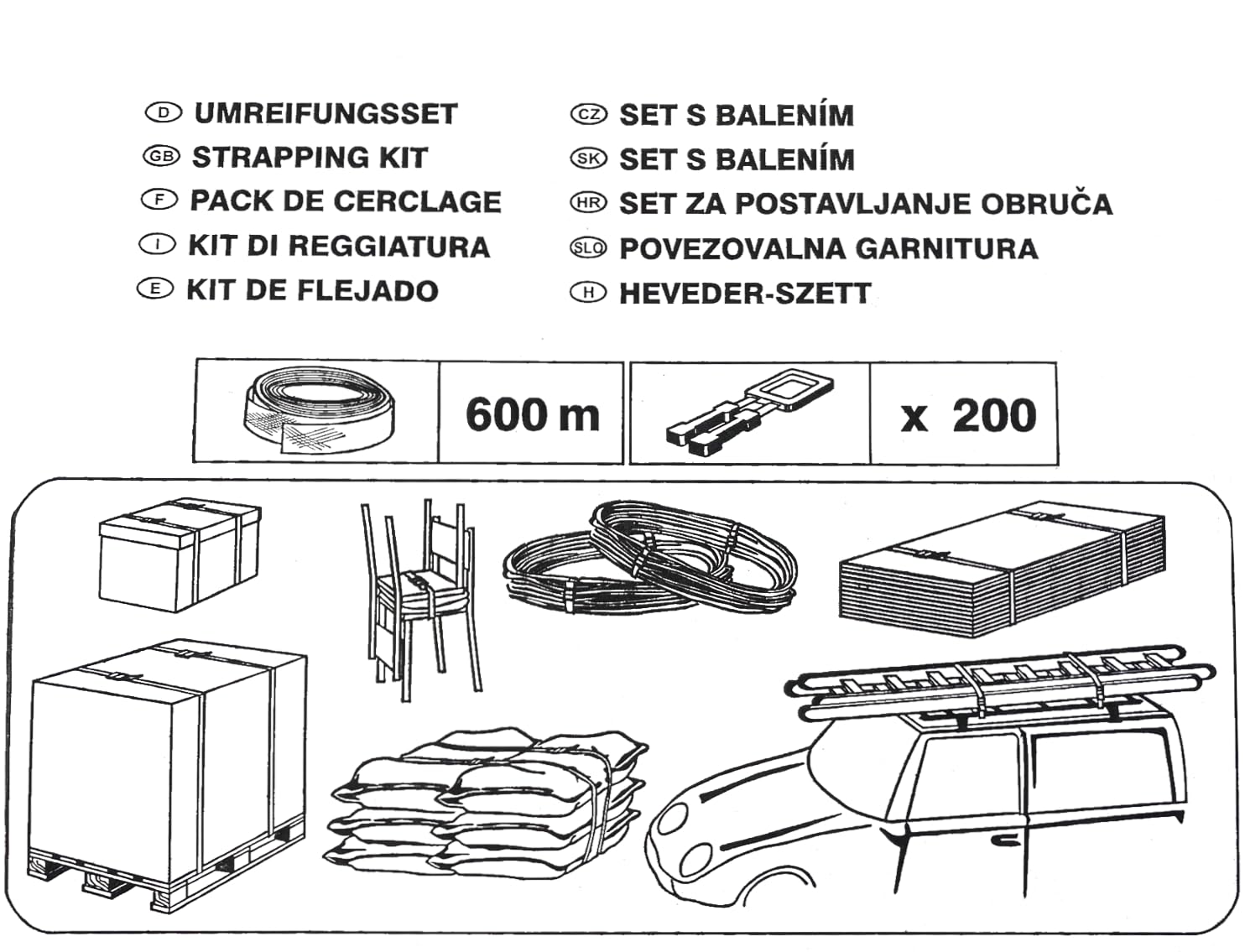 Berger & Schröter Kit de cerclage 600 m ruban PP + 200 pinces plastique pour palettes cartons