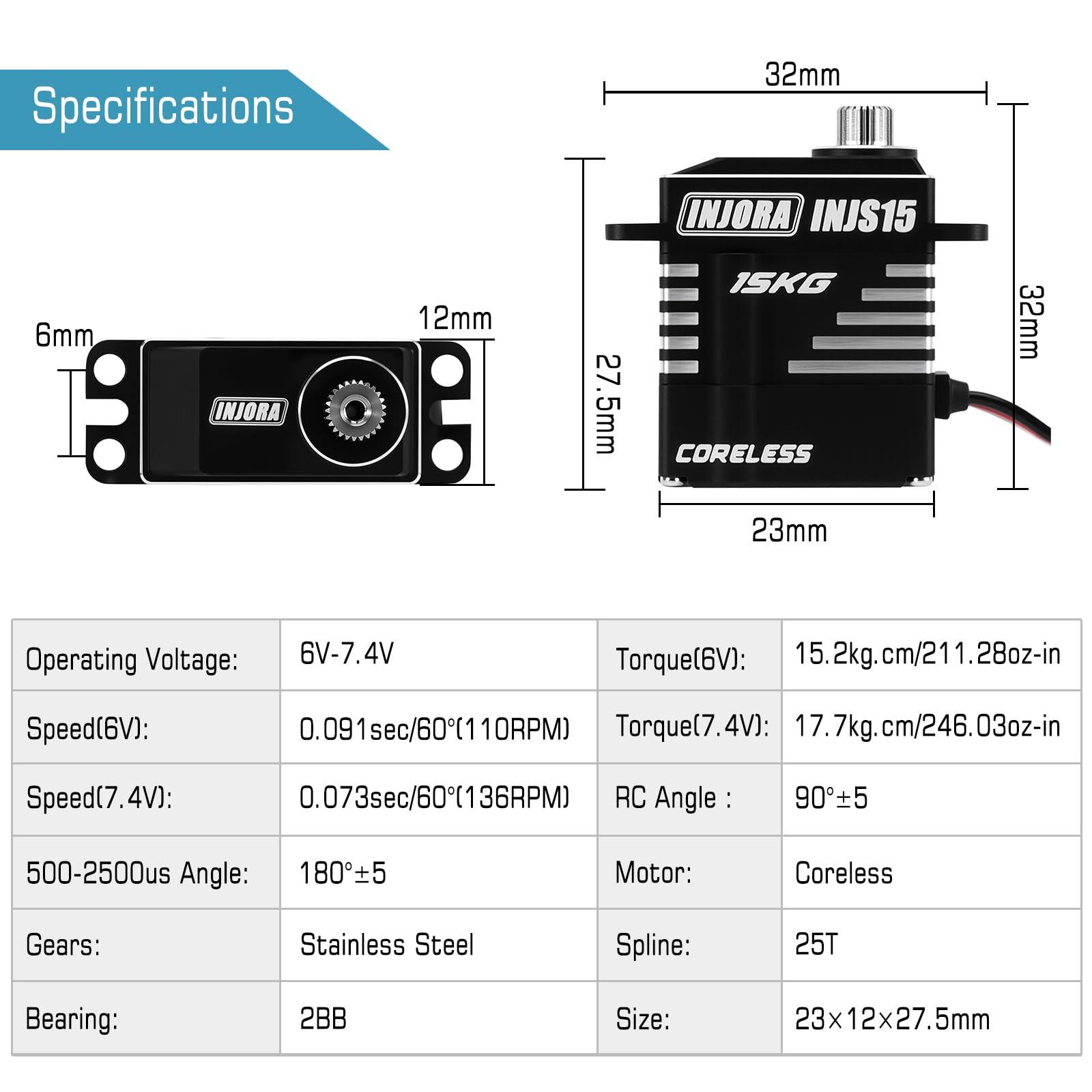 INJORA INJS15 - Micro servo de par alto sin núcleo de 15 kg para actualización de oruga RC 1/18 1/24