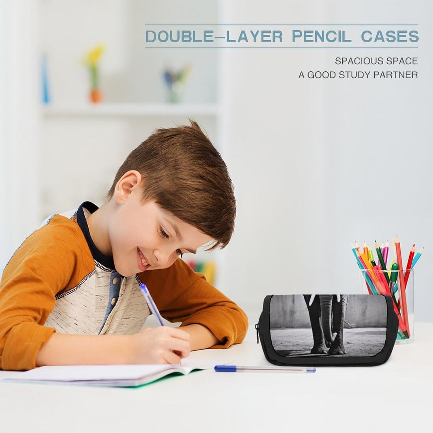 Pencil Case Black White Elephant Large Capacity Pencil Case Double Zipper Storage Bag 2 Compartments Portable Multifunctional Bag Desk Organizer Marker Pen Case