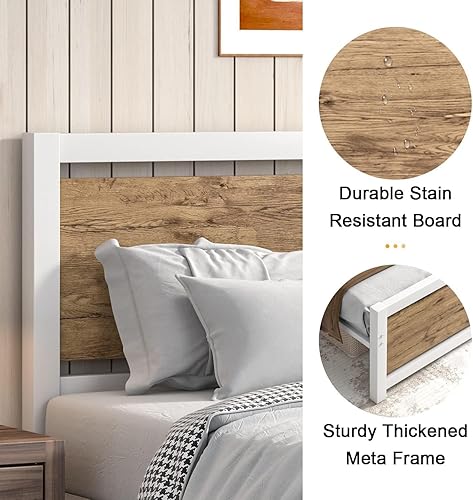 Miniatura 5 de Catrimown Marco de cama individual, base de cama de plataforma individual con cabecero, soporte de listones de acero de madera, marco de cama de