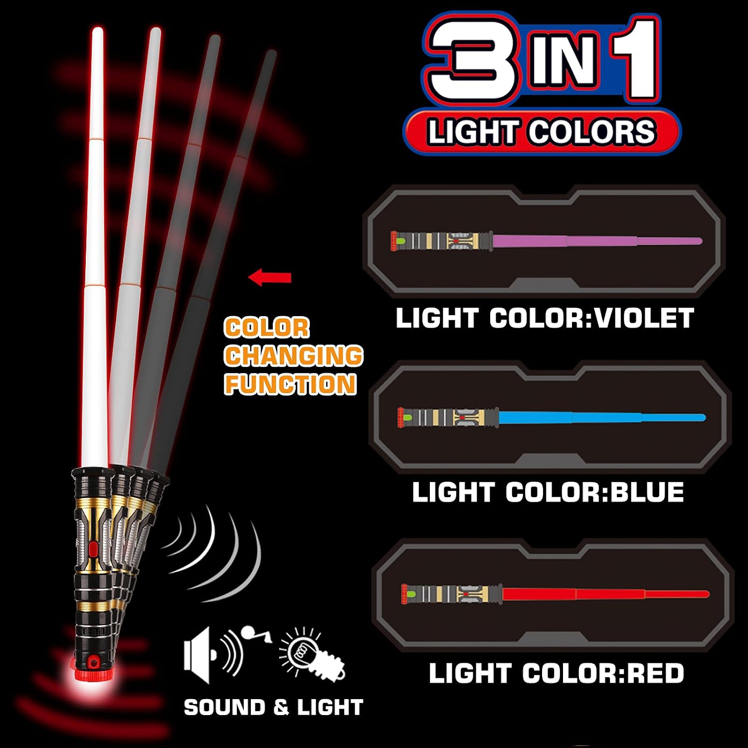 6 Pack Light Up Saber 3 Colors, 2-In-1 Led Dual Light Swords With Fx Sound (Motion Sensitive) And Telescopic Handle For Multiplayer Galaxy War Fighter Warriors, Xmas Present Kids Party Gift