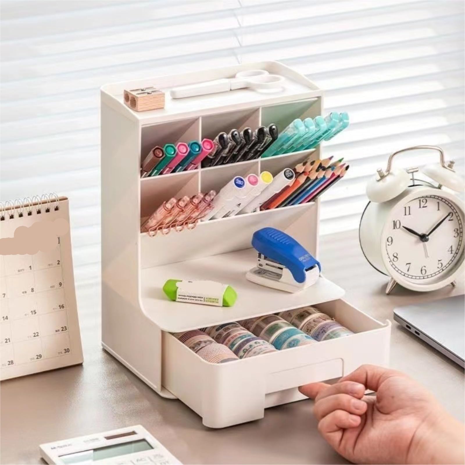 Organizer Trucchi Scatola portaoggetti for cancelleria da scrivania inclinata, scatola portapenne multi-griglia con scatola portaoggetti for cosmetici, rossetto e cassetto per Trucco Gioielli Accessor