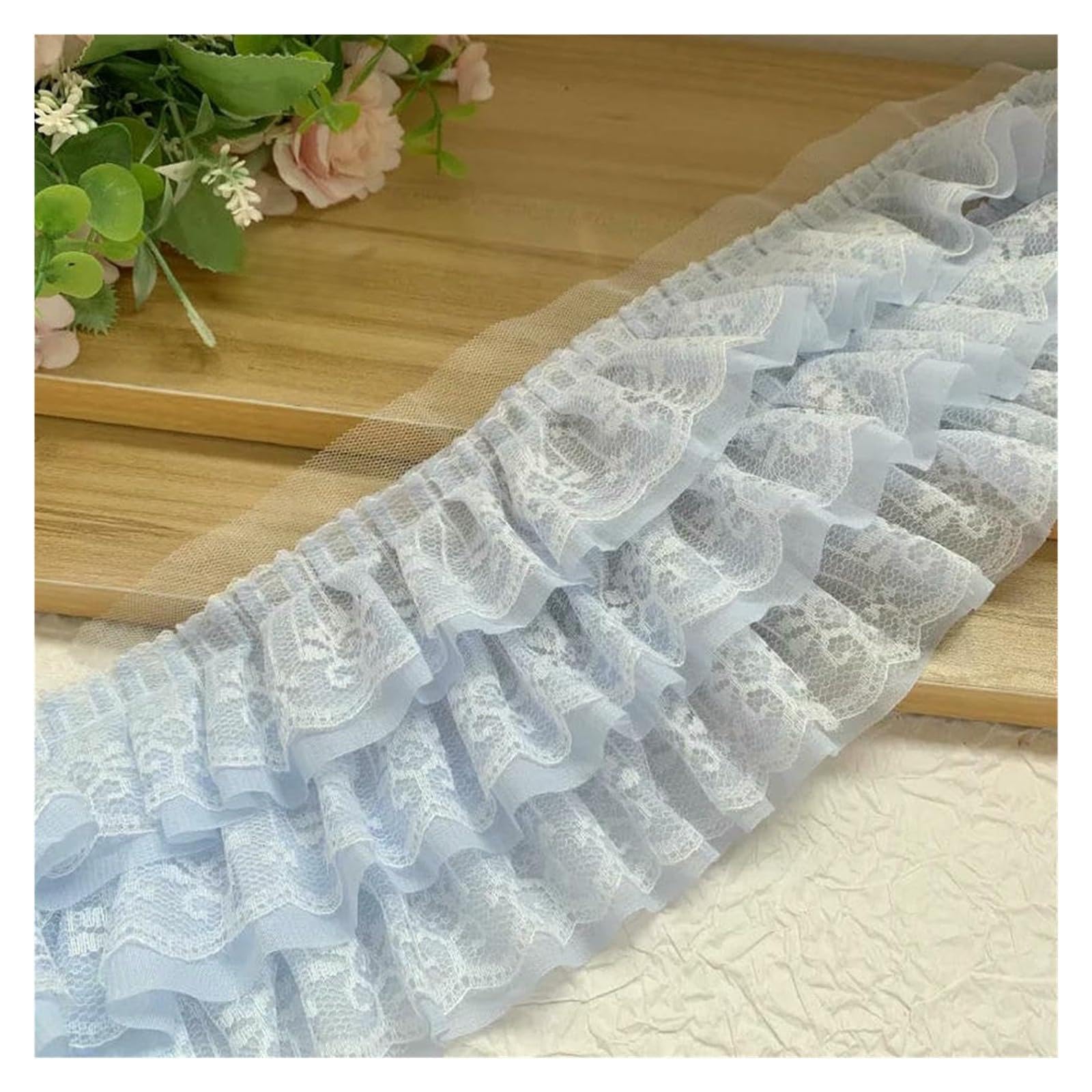 Ribete de encaje para costura, ribete de encaje plisado con volantes, 10 yardas, tres capas de gasa con volantes, decoración de bricolaje (azul claro, 10 yardas)