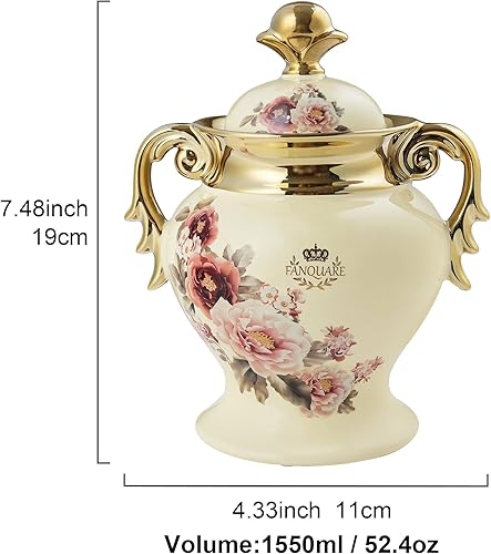 Miniatura 6 de fanquare Tarro de jengibre de porcelana europea, tarro de almacenamiento de cerámica dorada con tapa, jarrón decorativo para mesa, recipiente grande