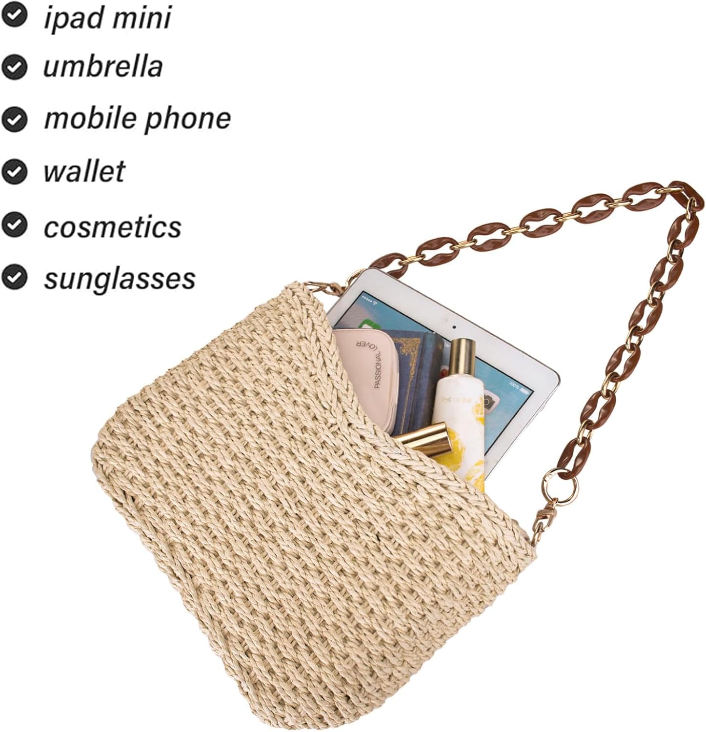 YYW Small Handmade Straw Bag for Women, Natural Summer Beach Shoulder Bag Rattan Crossbody Purse for Women