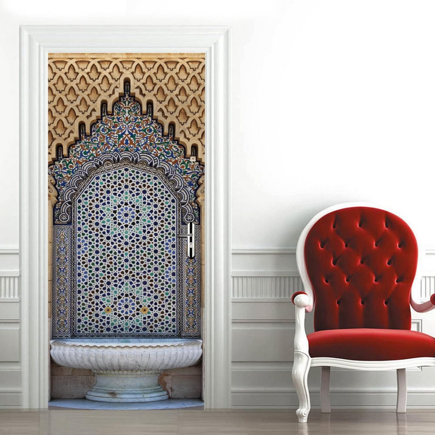 A.Monamour 3D Door Stickers for Interior Doors Moroccan Style Ancient Water Fountain with Colorful Mosaic Tiles Vinyl Removable Self Adhesive Door Poster Wallpaper Mural Decals for Bedroom 95 x 215 cm