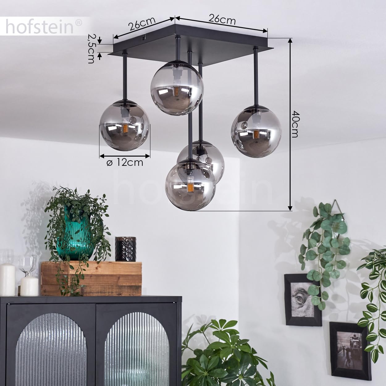 HOFSTEIN Plafonnier Chehalis, lampe de plafond en métal/verre noir/fumée, luminaire au design rétro/vintage avec abat-jour en verre (Ø 12 cm), 5 x G9 LED, sans ampoules