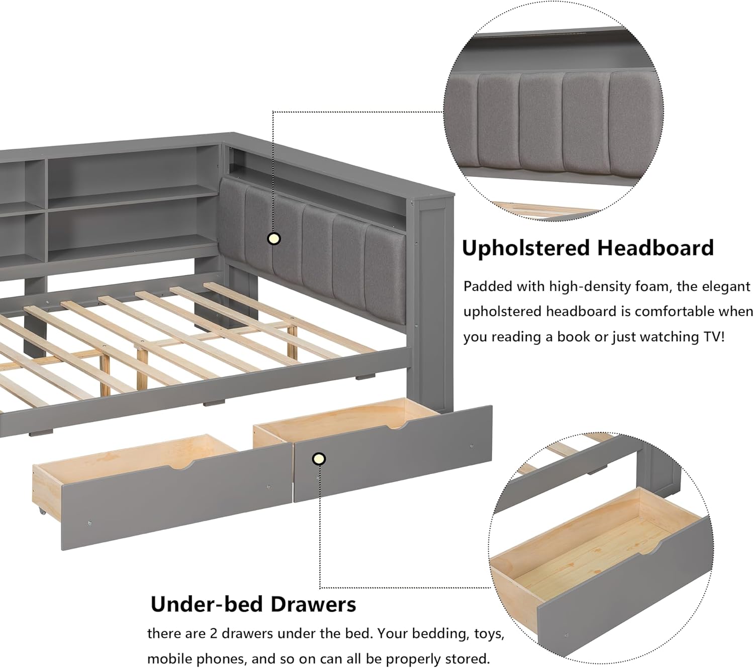 Close-up of the integrated charging station with two AC outlets and two USB ports on the Polibi bed.