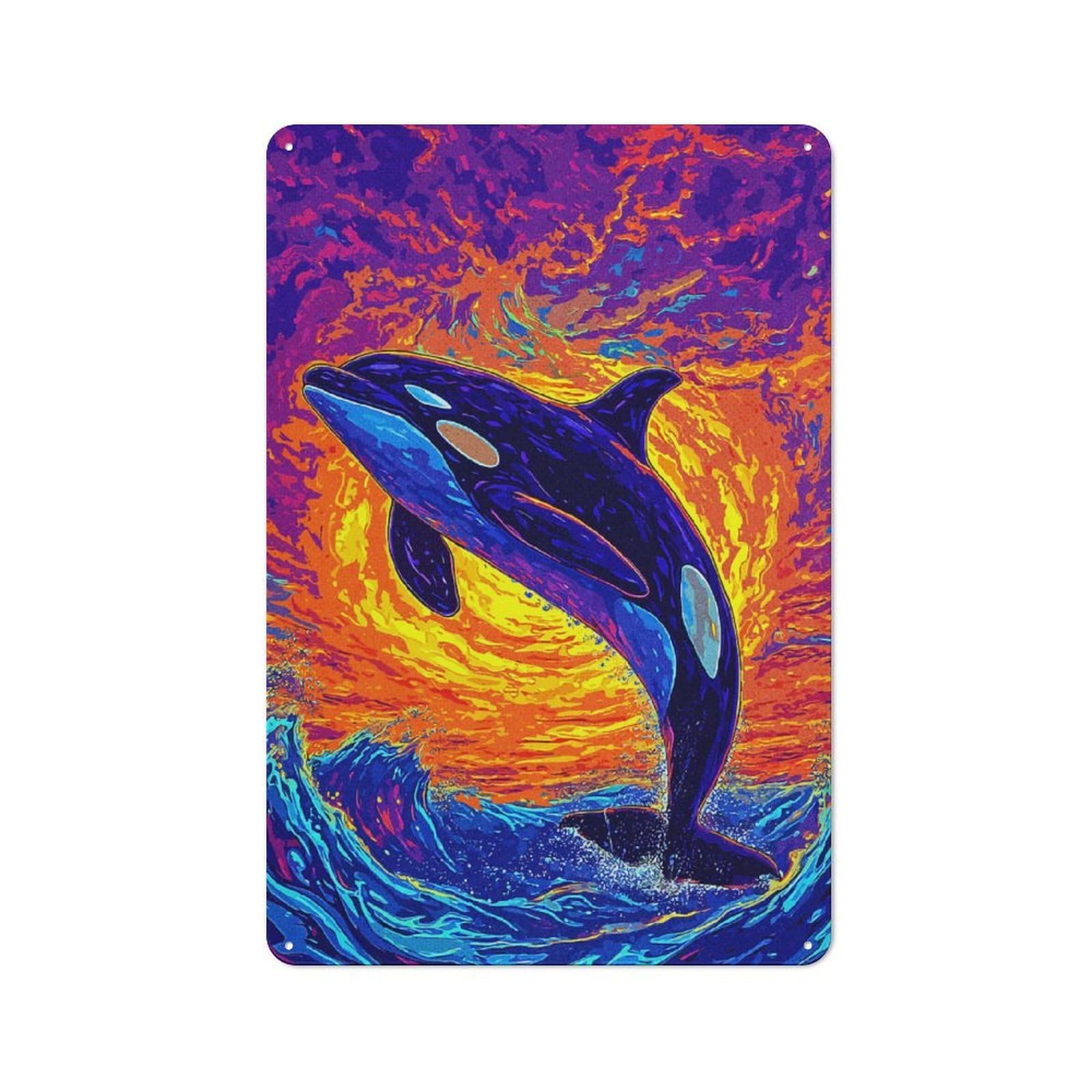 Junmoney Style-18-1 Orca Breaching Vibrant Ocean Art Rustic Metal Sign 30X20cm For Hobby Room Or Studio, Suited To Hobby Room Decor Fans