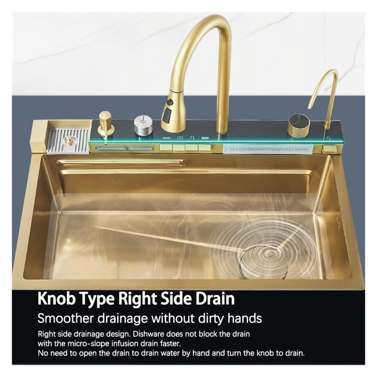 Juego De Grifería Con Pantalla Digital Integrada, Botón Ranura Única, Cocina Moderna, Estilo Cascada, Acero Inoxidable 304, Oro Pulido FáCil De Limpiar Y Mantener